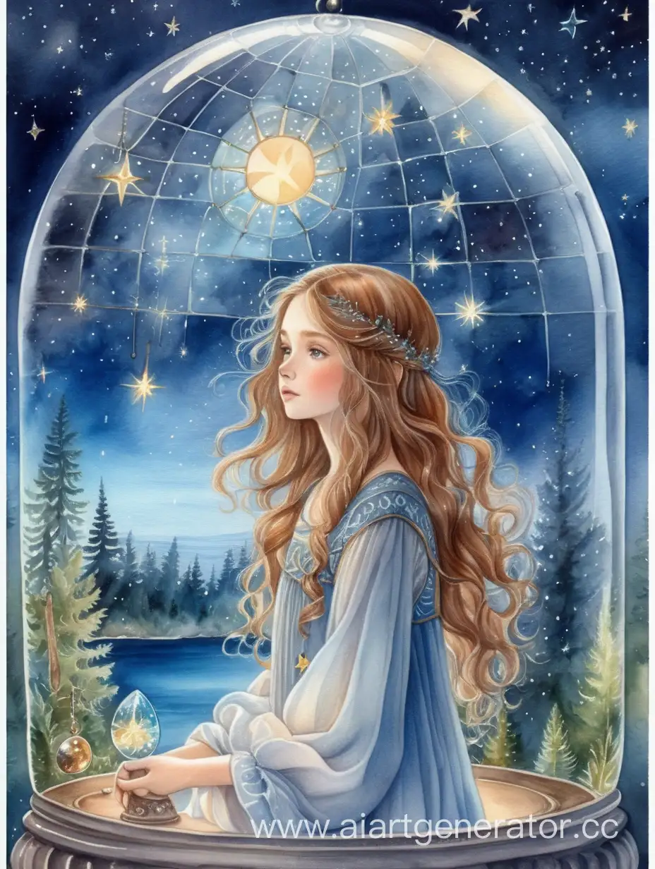 Enchanting-Watercolor-Painting-Slavic-Girl-Under-Glass-Dome-in-Forest-by-the-Sea