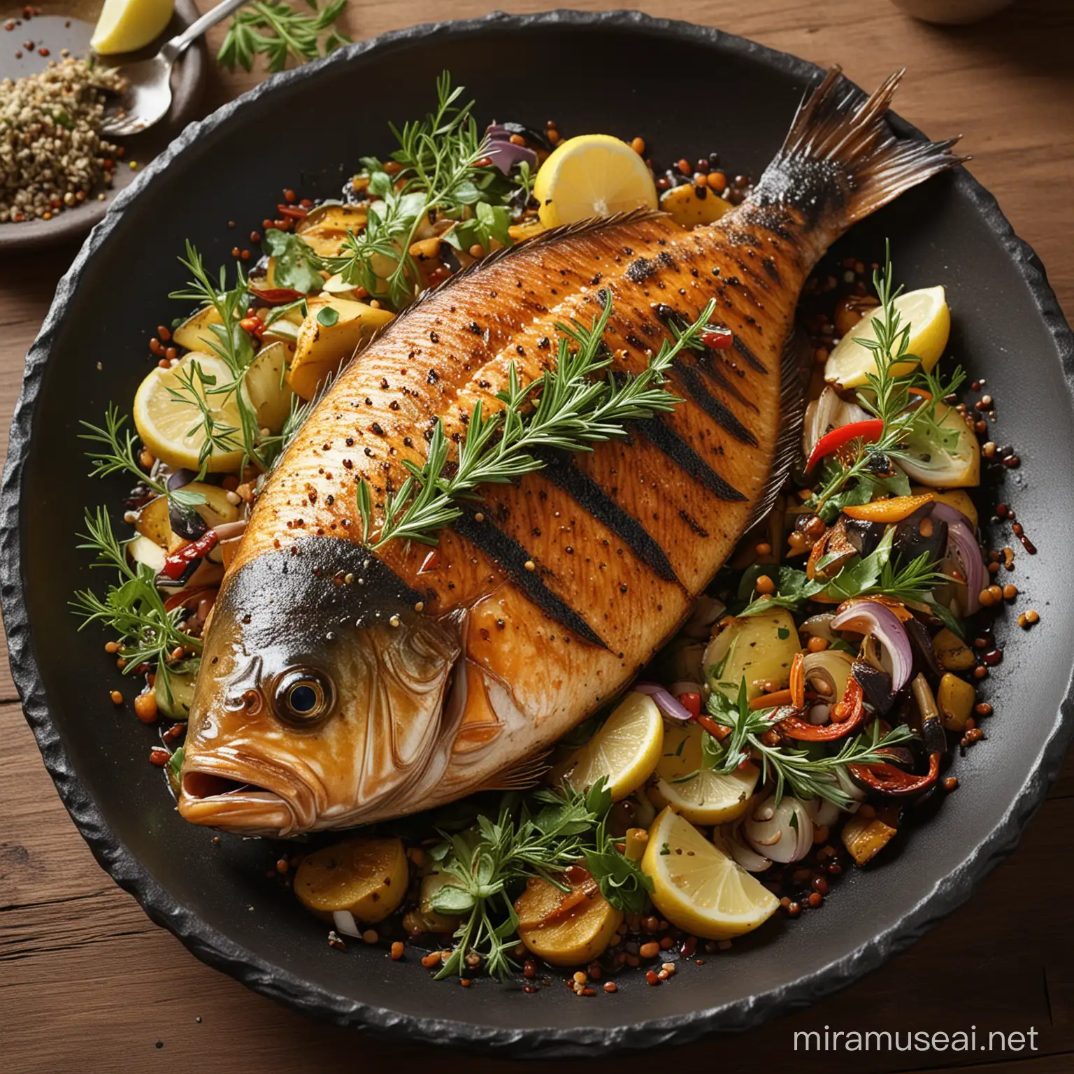 Generate a mouthwatering image of a sizzling river fish freshly grilled to perfection, served with a tantalizing blend of aromatic herbs and spices. Make viewers crave every succulent bite with your vivid depiction of this delectable dish.