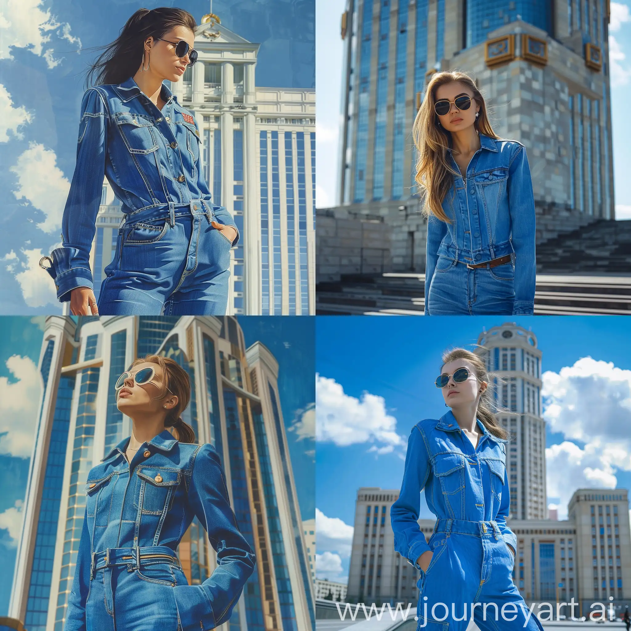 Photorealism: A girl of model appearance in a blue denim suit and sunglasses stands against the background of the Yeltsin Center in Yekaterinburg in the summer