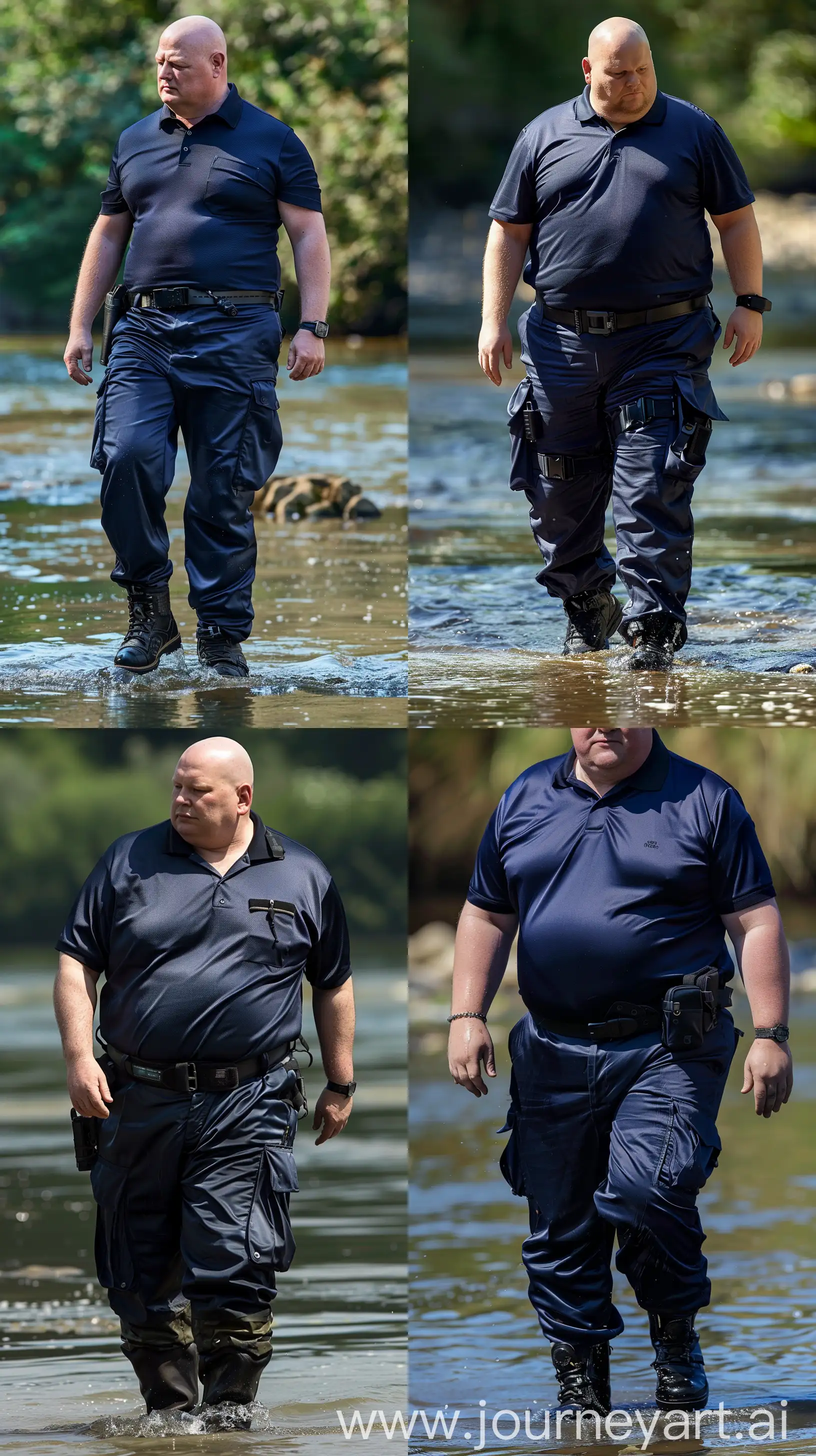 Front view full body close-up photo of a very fat man aged 60 wearing silk navy cargo pants. Tucked in silk navy sport polo shirt. Black tactical belt and boots. Walking in water. River. Bald. Clean Shaven. Natural light. --ar 9:16