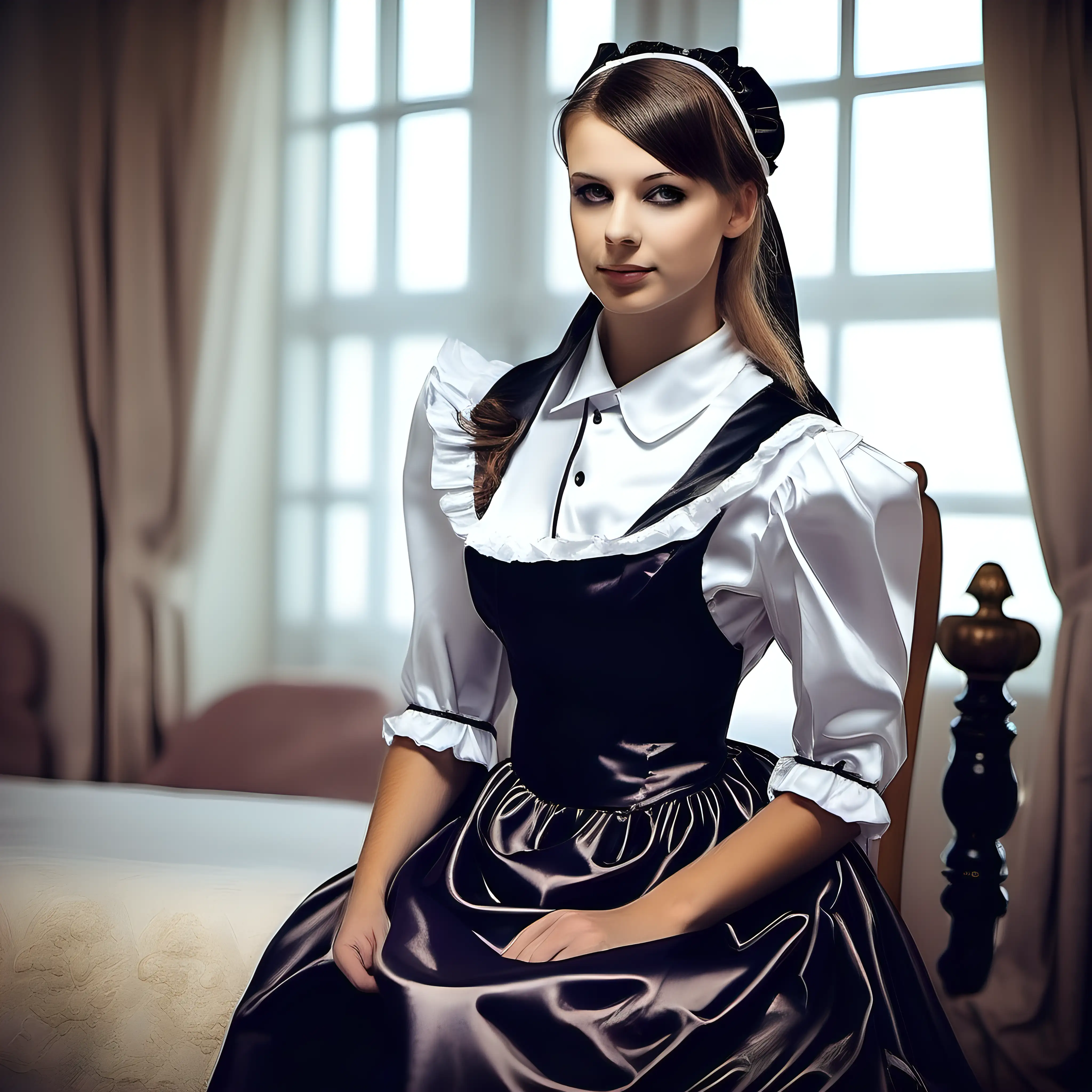 european Girl in satin long maid uniforms