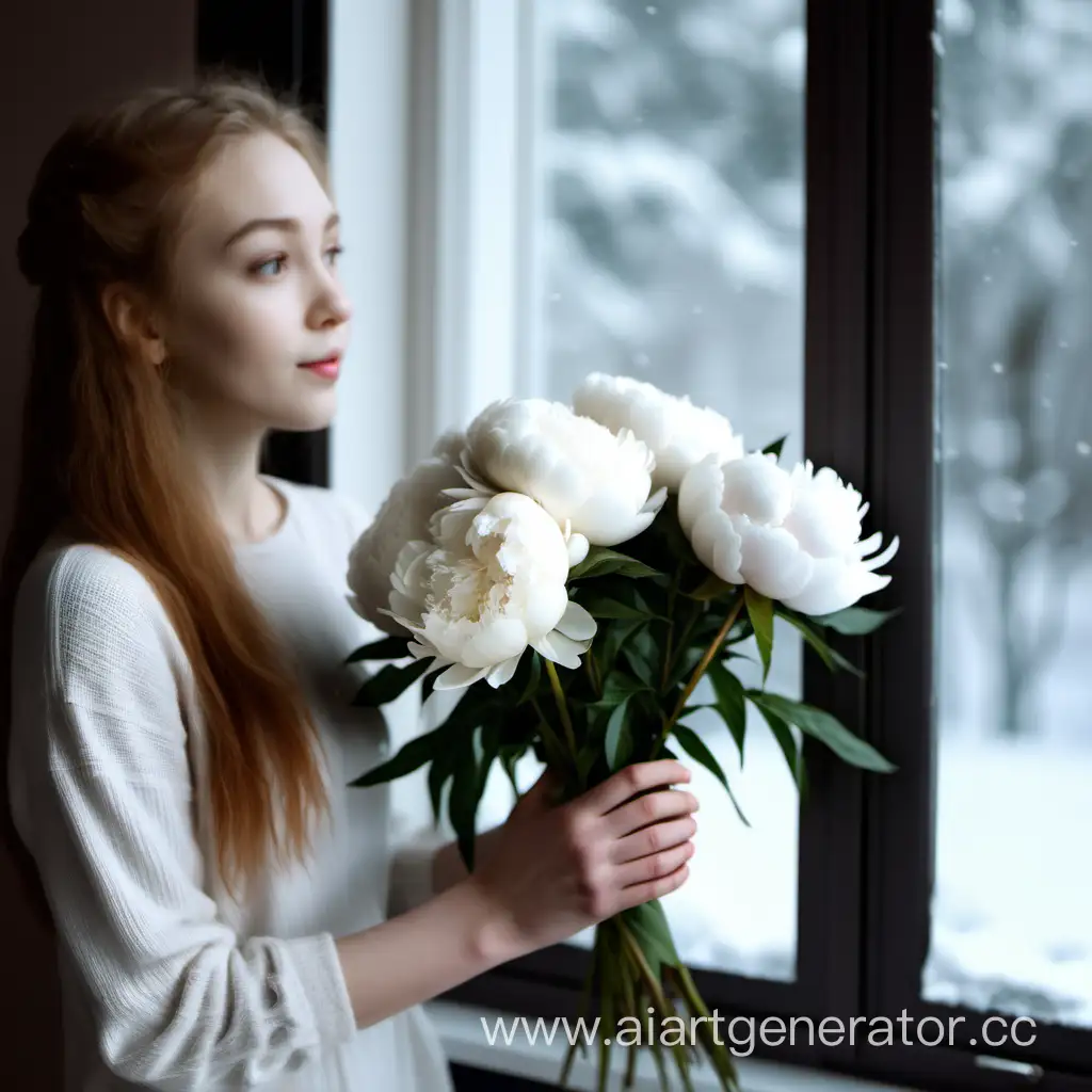девушка держит в руке белые пионы, видно только руку и букет, в окне, который на заднем плане, зима