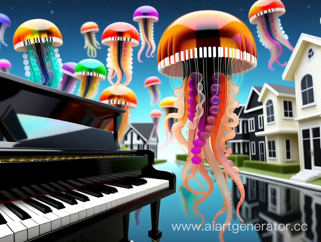 Мир с чёрно-белыми домами из клавиш пианино, и разноцветные, красочные, яркие медузы в небе