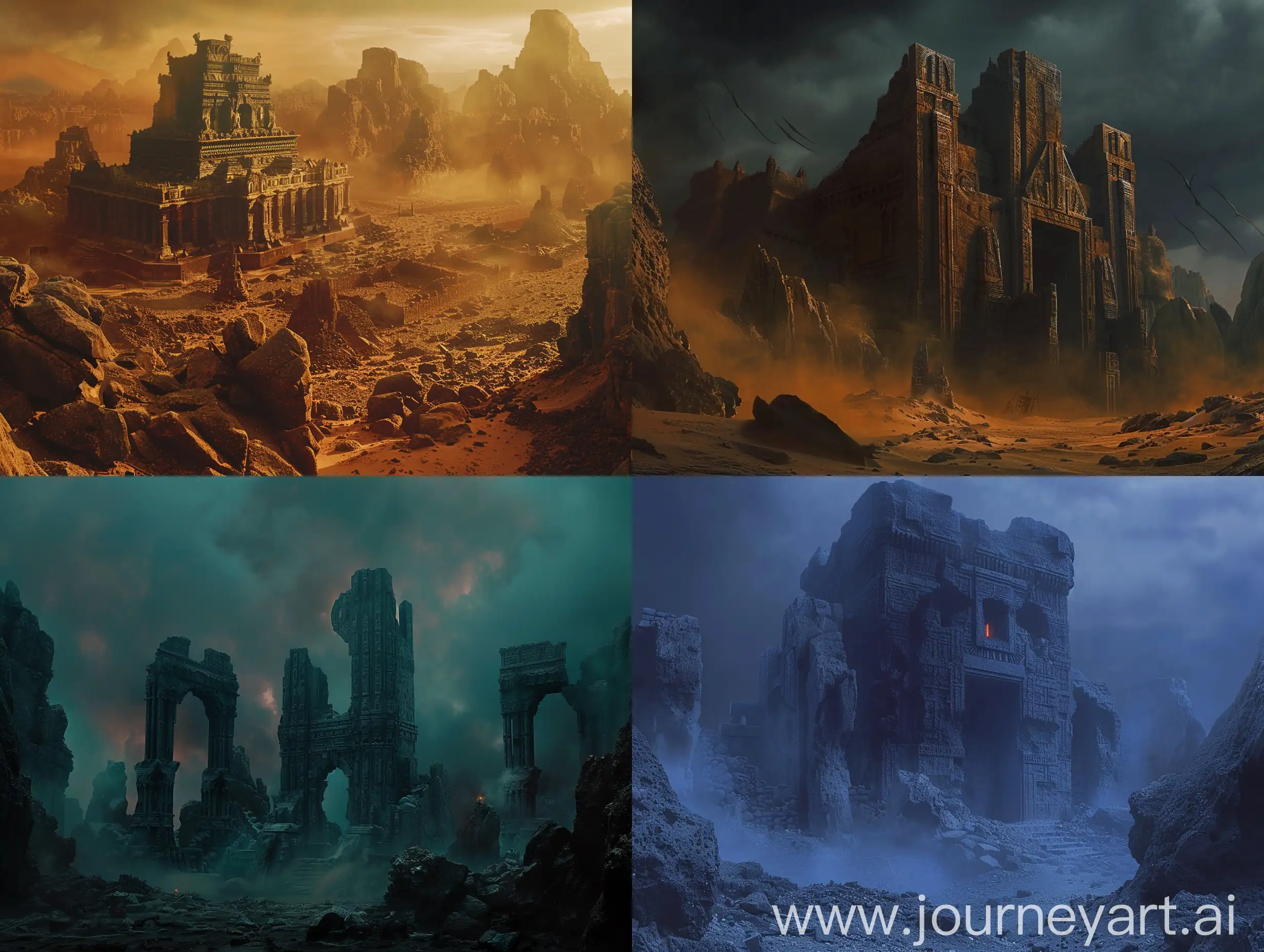 Dark fantasy movie scene. Eastman Color 5247/7247. Sinister temple in prehistoric city. Alien steppe biome. 4k, full hd, dtm, high detail. Ominous, apocalyptic, sombre, infernal. In the style of Luis Royo and Zdzisław Beksiński.