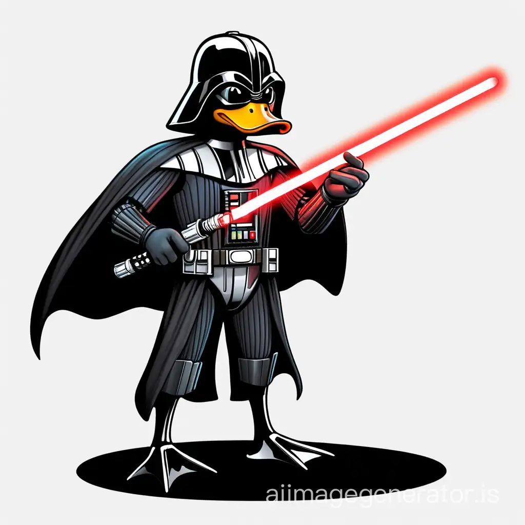 duck vader, мультяшный, высокий на белом фоне, в полный рост, один красный  световой меч