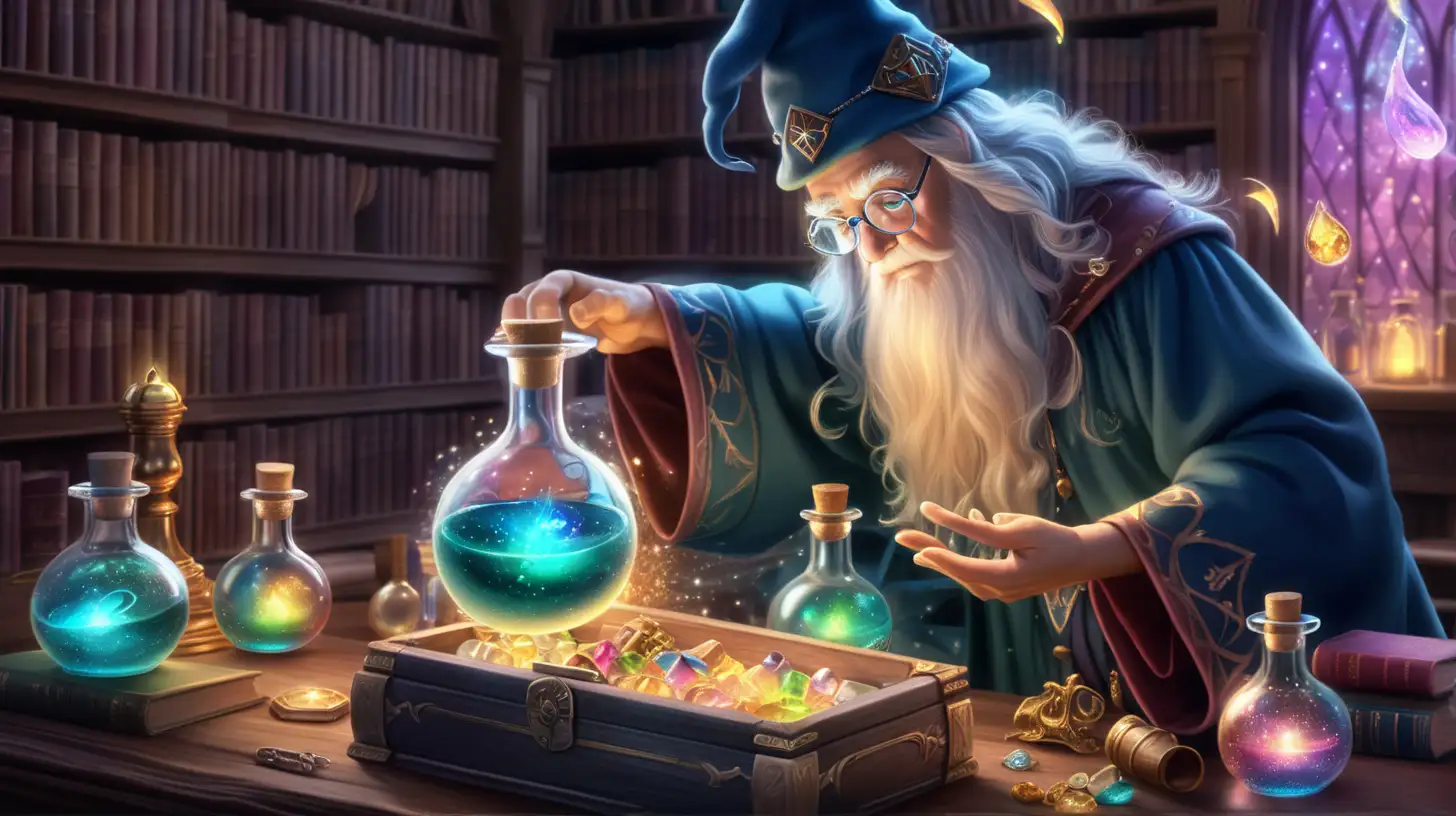 a magical wizard with a seeing eye glass, searching through a treasure box of floating-glowing potion bottles with iridescent glow, fairytale, magical, library 8K.