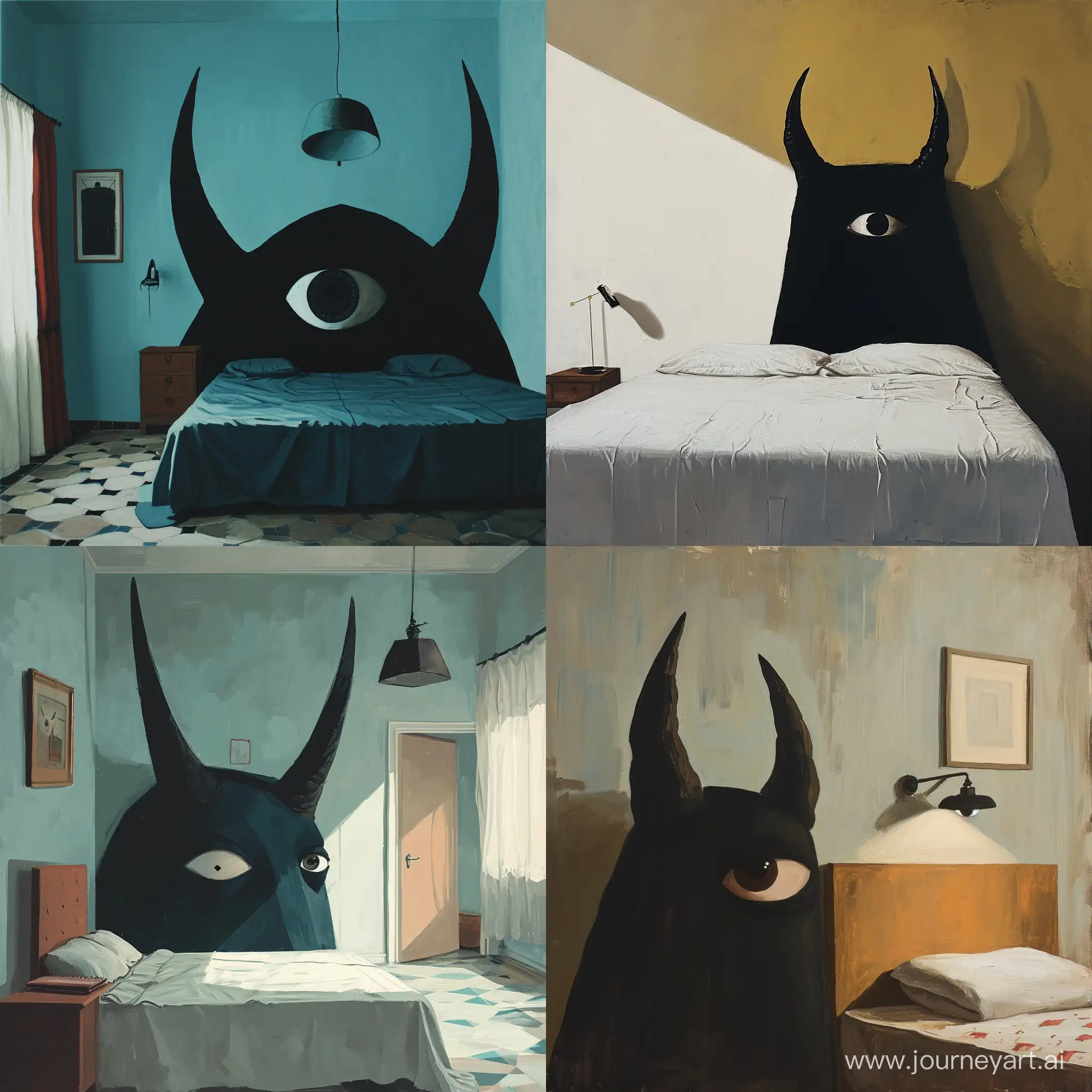 dark horned silhouette in the bedroom with eye, drawn with minimalistic shapes, oil draw like alberto mielgo, realistic colors, light and shadows --v 6
