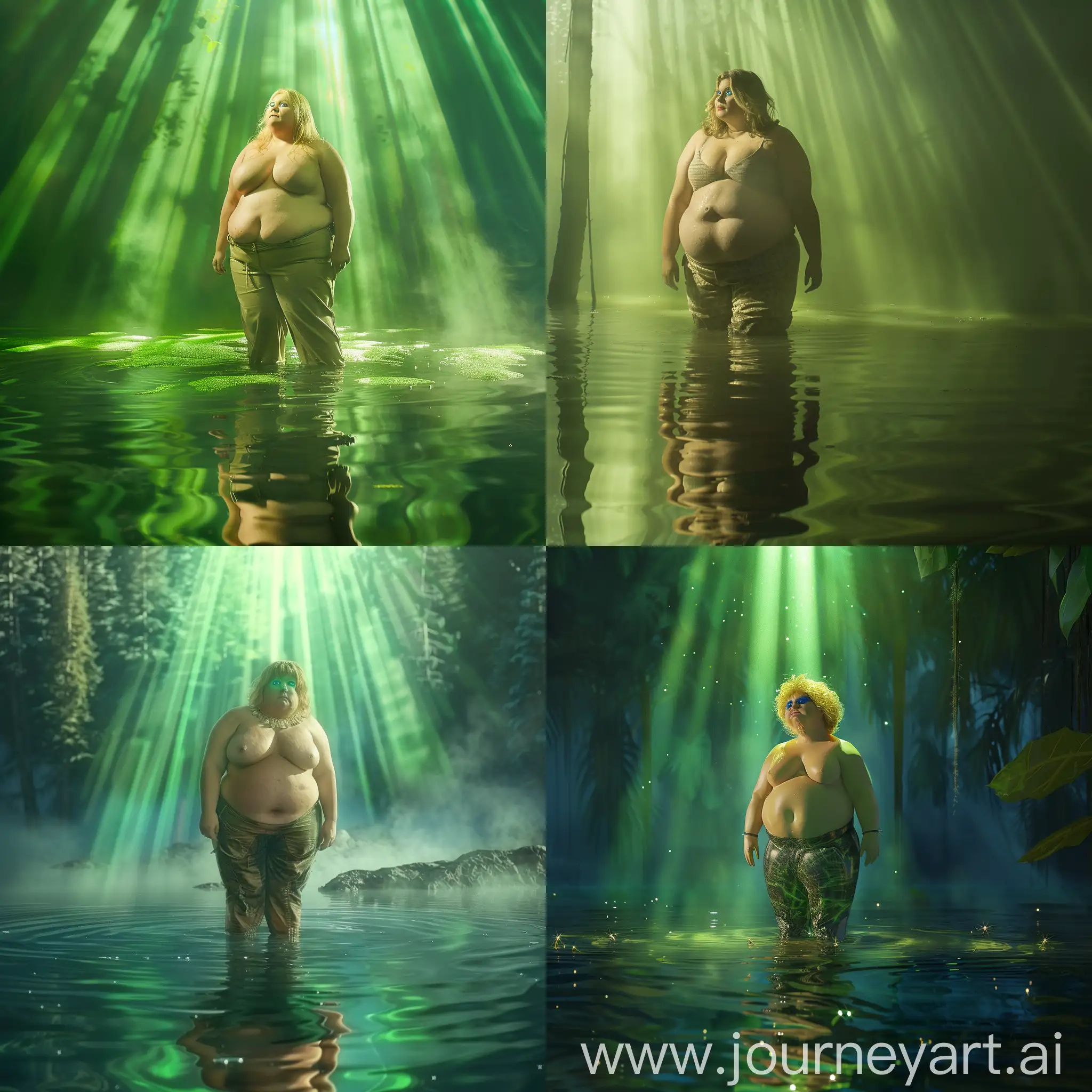 Chubby woman standing in a lake, wearing only pants, having blue eyes and blonde hair, with green light coming from above