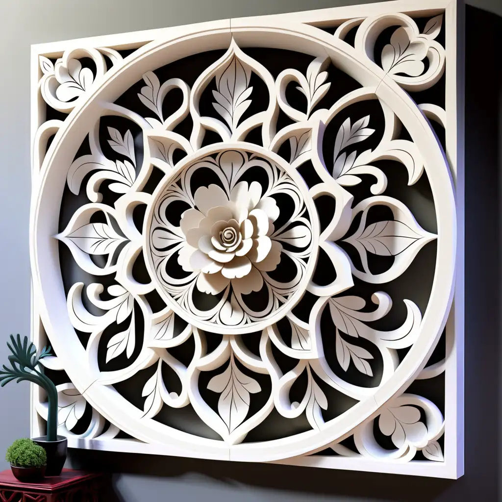 Elegant White Floral Wooden Carved Wall Panel Design