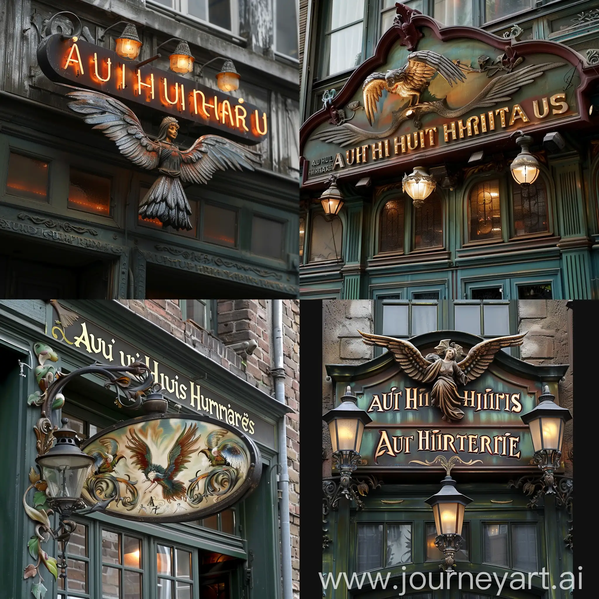A restaurant sign called: Aux Huits Harpies Volantes