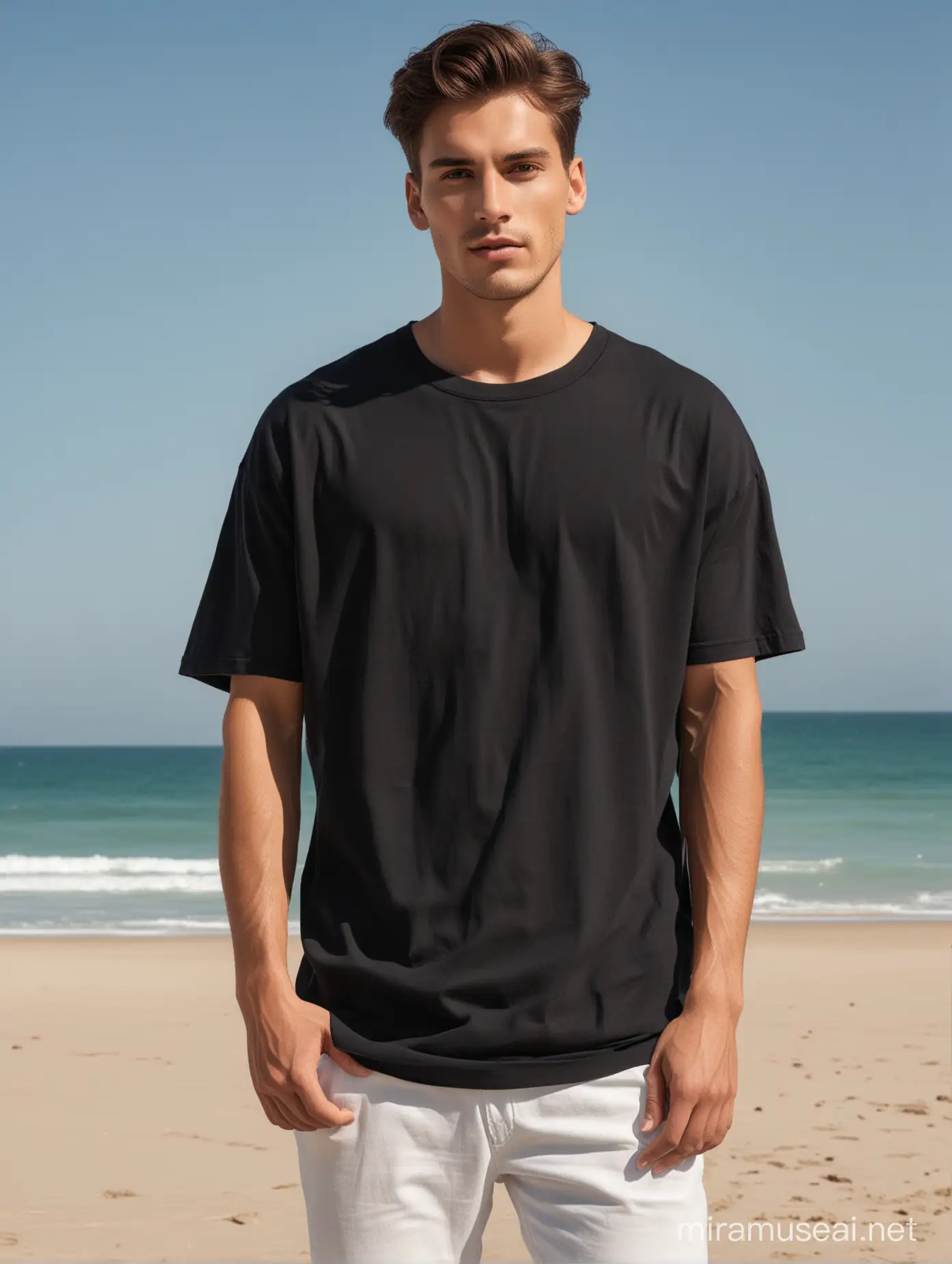 front view of a smart good looking male model looking to camera in black medium length drop shoulder oversized fit t-shirt on a beautiful sea beach modeling for a t-shirt brand