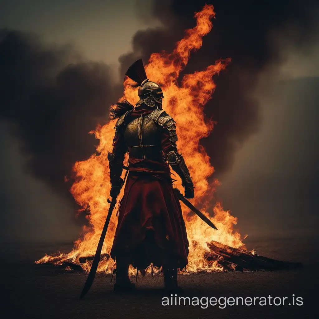 a lone warrior on fire