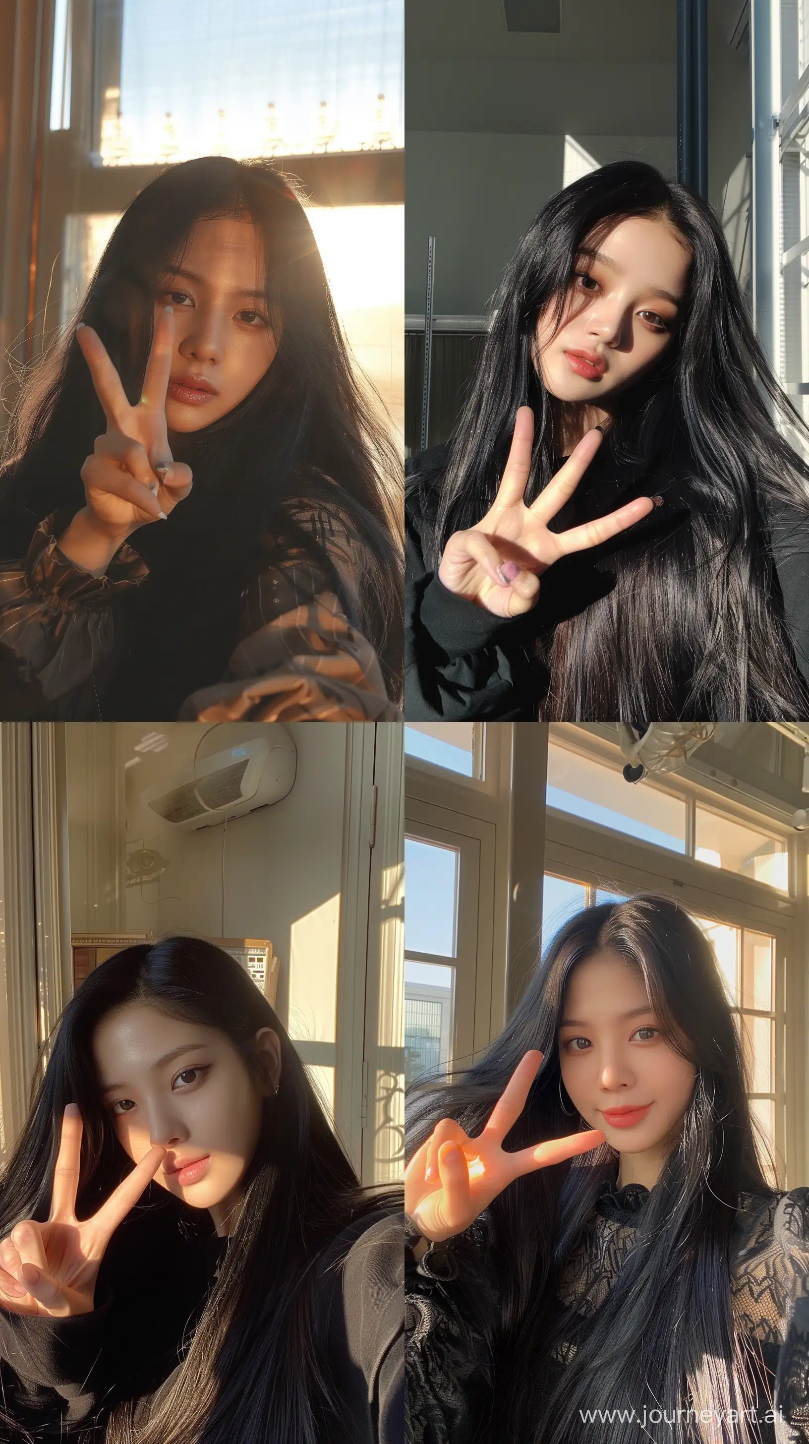Aesthetic instagram pfp blackpink's jennie with long black hair and wide set eyes making peace sign in sunlight room --ar 9:16