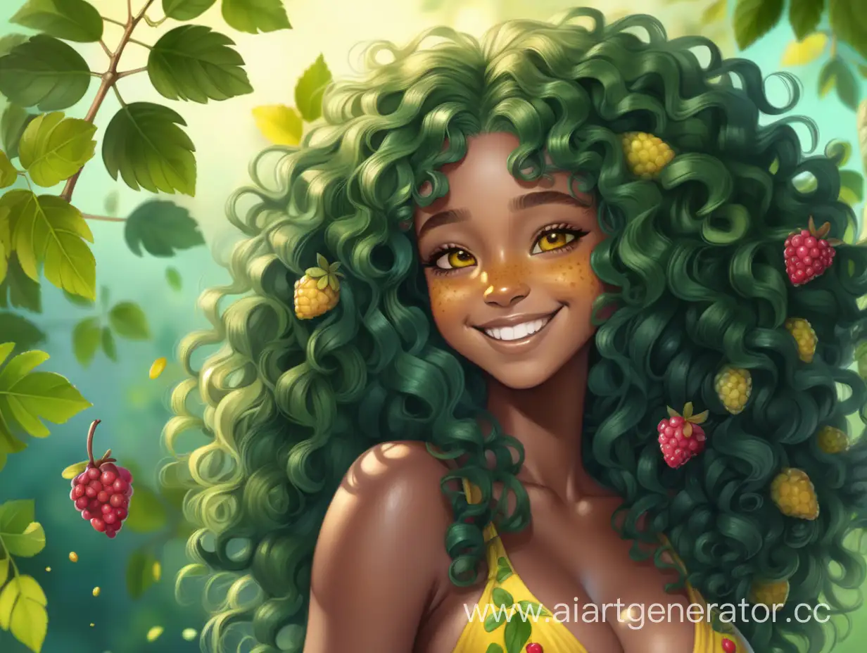 Black girl with long curly hair with berries, Yellow freckles on the cheek, with big breasts, very beautiful and cute smile, hair closes eyes, green hair and dress like leaves, God is life, full body