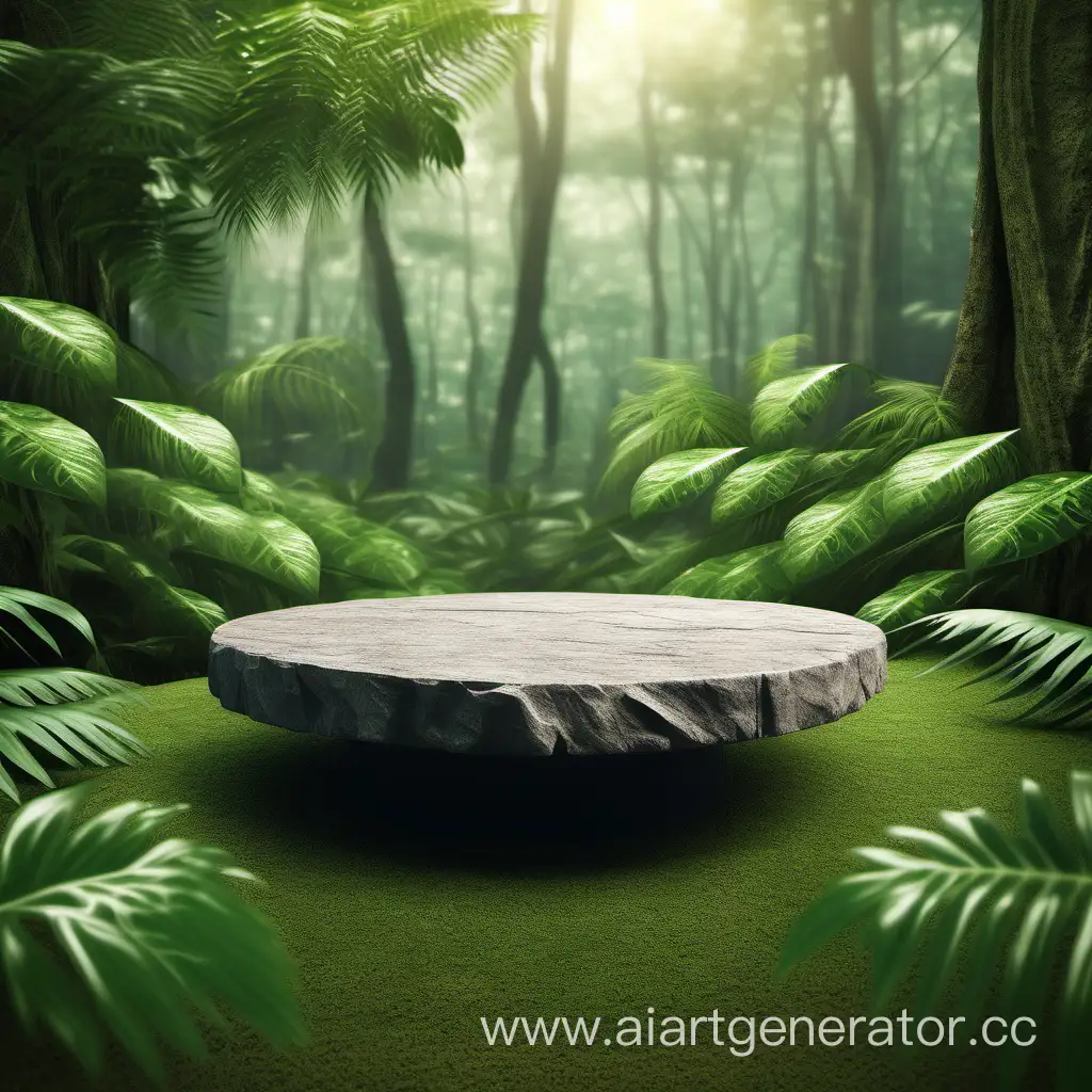 Stone platform pedestal in tropical forest for product presentation and green forest.Pedestal is in the bottom of the photo