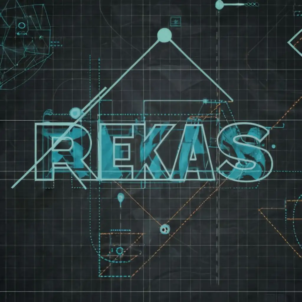 logo, blueprints dark themed, with the text "Rekas", typography