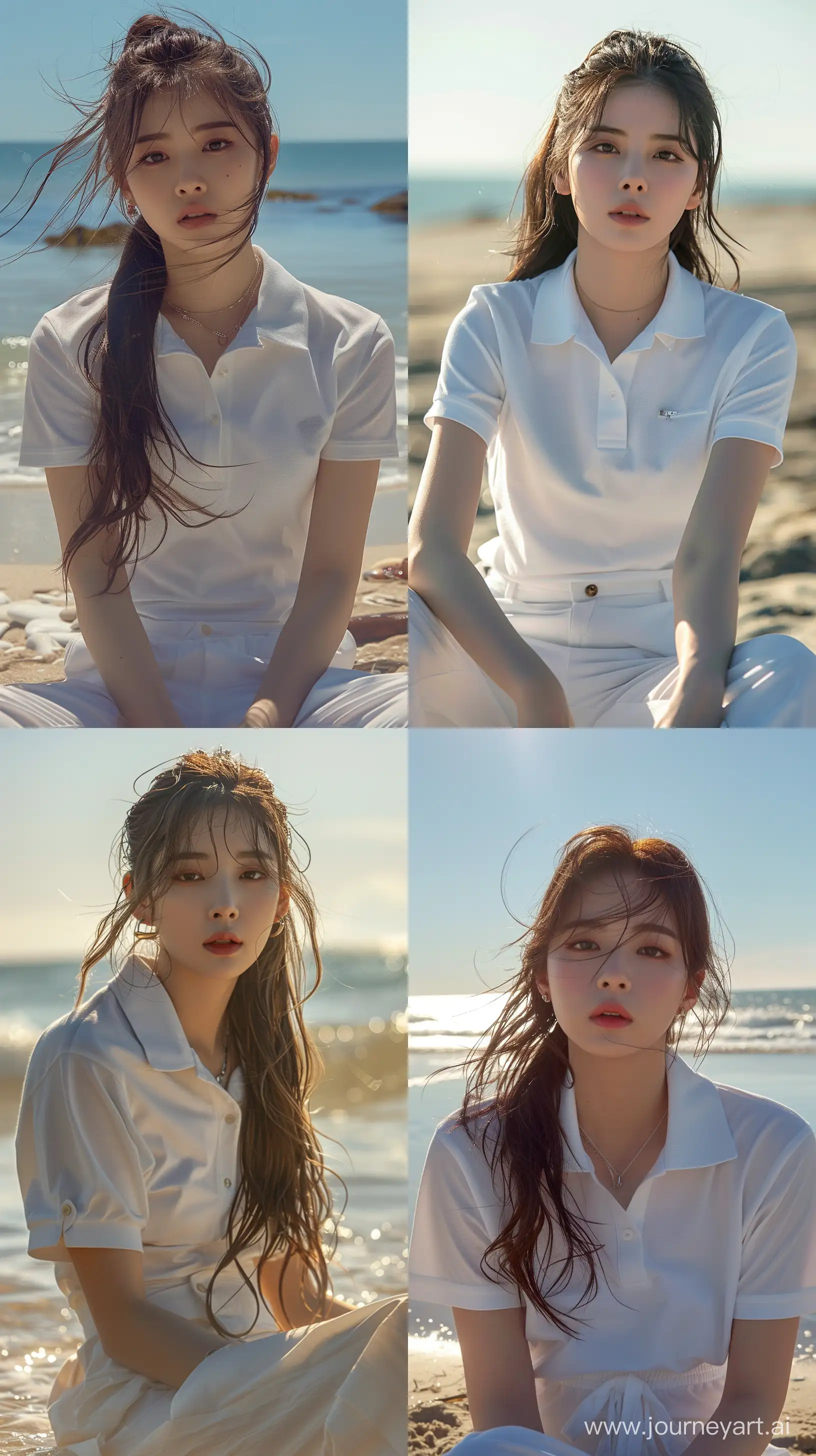 a blackpink's jennie sit on beach wearing white poloshirt,bared face no accessories,without accessories,super casual, everyday attire,wide set eyes --ar 9:16 --stylize 450