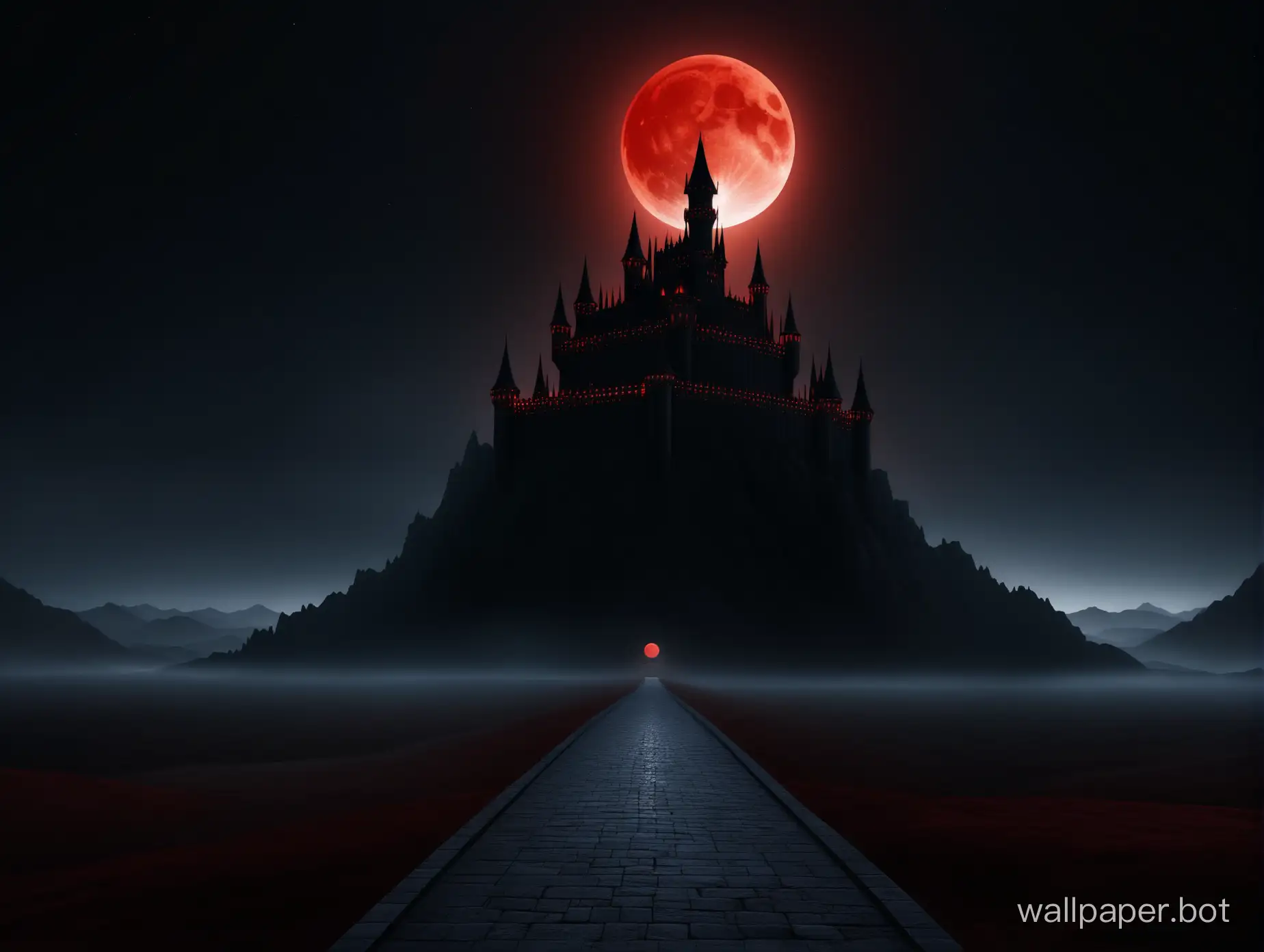Large epic evil gothic castle, night sky, black desert, blank sky, ((very vertical architecture)), photo-realistic, hyper-realistic wallpaper, 4k, lonely landscape, featureless sky, red moon