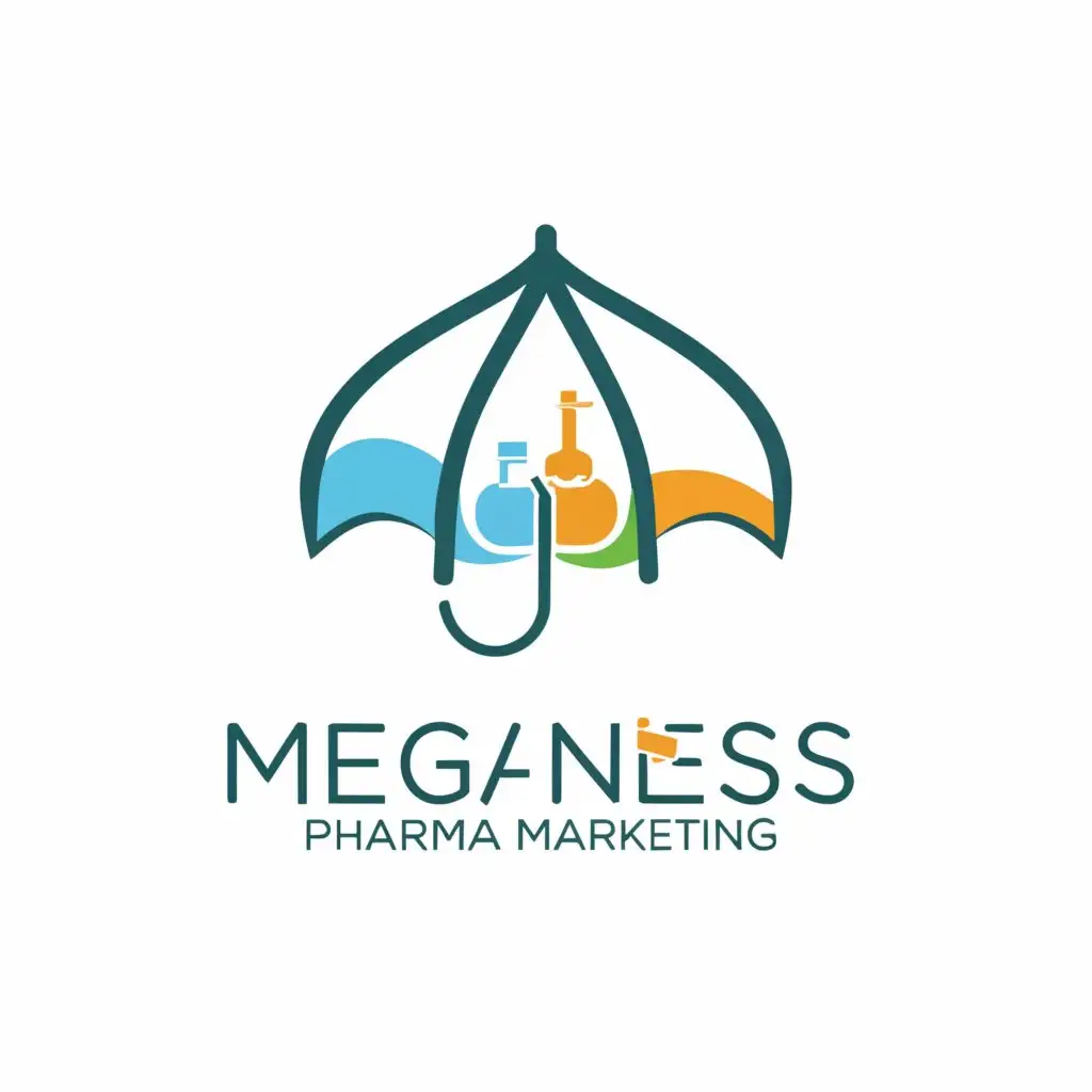 a logo design,with the text "Meganess Pharma Marketing", main symbol:Umbrella with medicine,Minimalistic,be used in Medical Dental industry,clear background