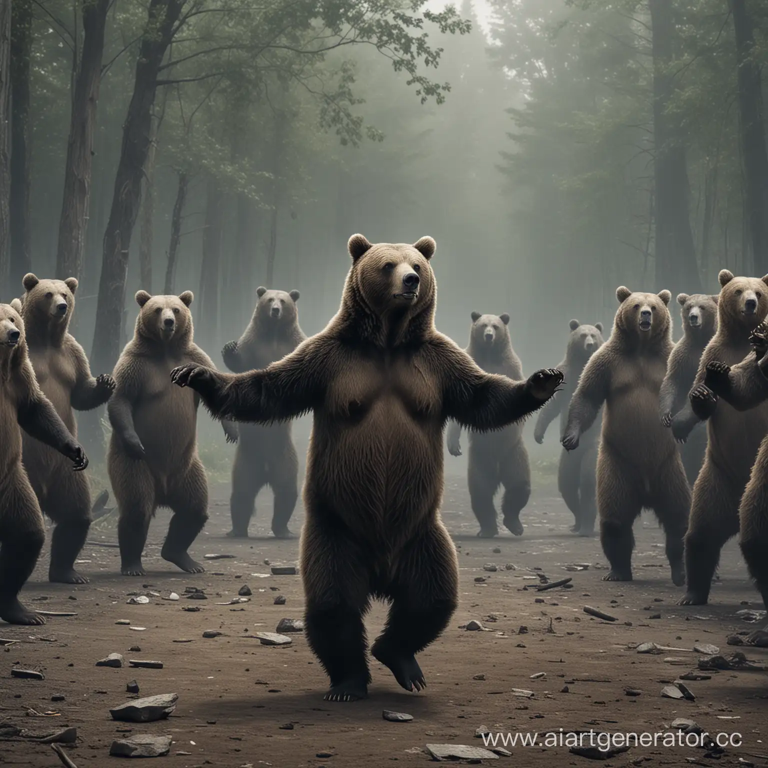 Dystopian-Bear-Dance-Surreal-PostApocalyptic-Scene-with-Grizzly-Performance