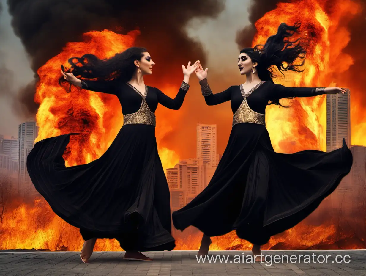 two goddesses from Armenia and Turkey dancing, dressed in black in front of a city on fire