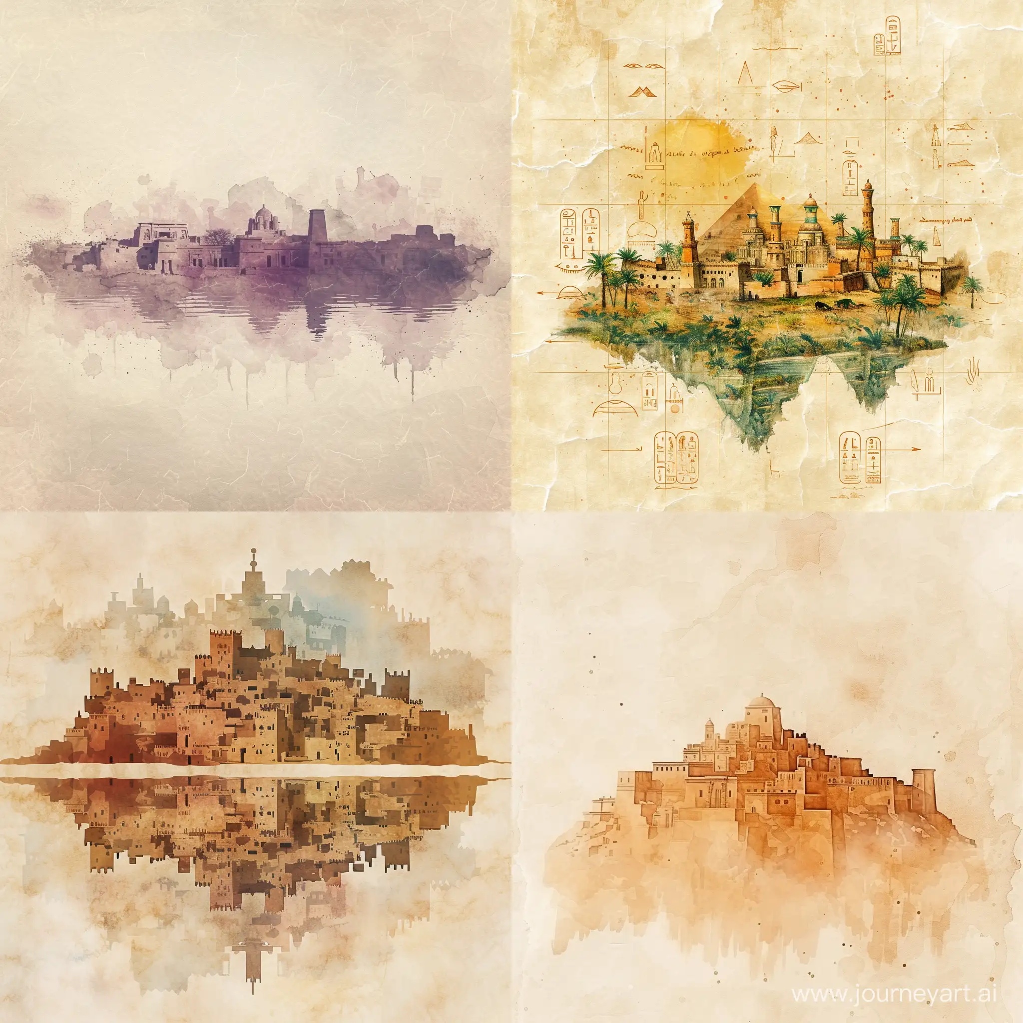 Symmetrical texture of antique paper, barely noticeable city of ancient Egypt, on a light background, delicate colors, stylized caricature, watercolor, decorative, flat drawing