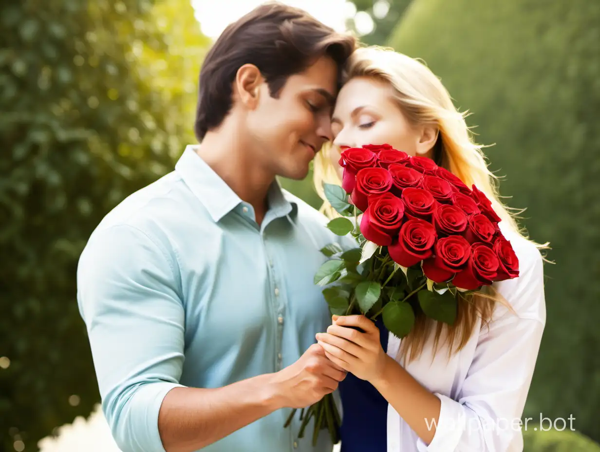 a man giving a woman a bouquet of roses, a stock photo by Irene and Laurette Patten, featured on cg society, american barbizon school, stock photo, telephoto lens, rich color palette, Embrace,Bright eyes,eye to eye