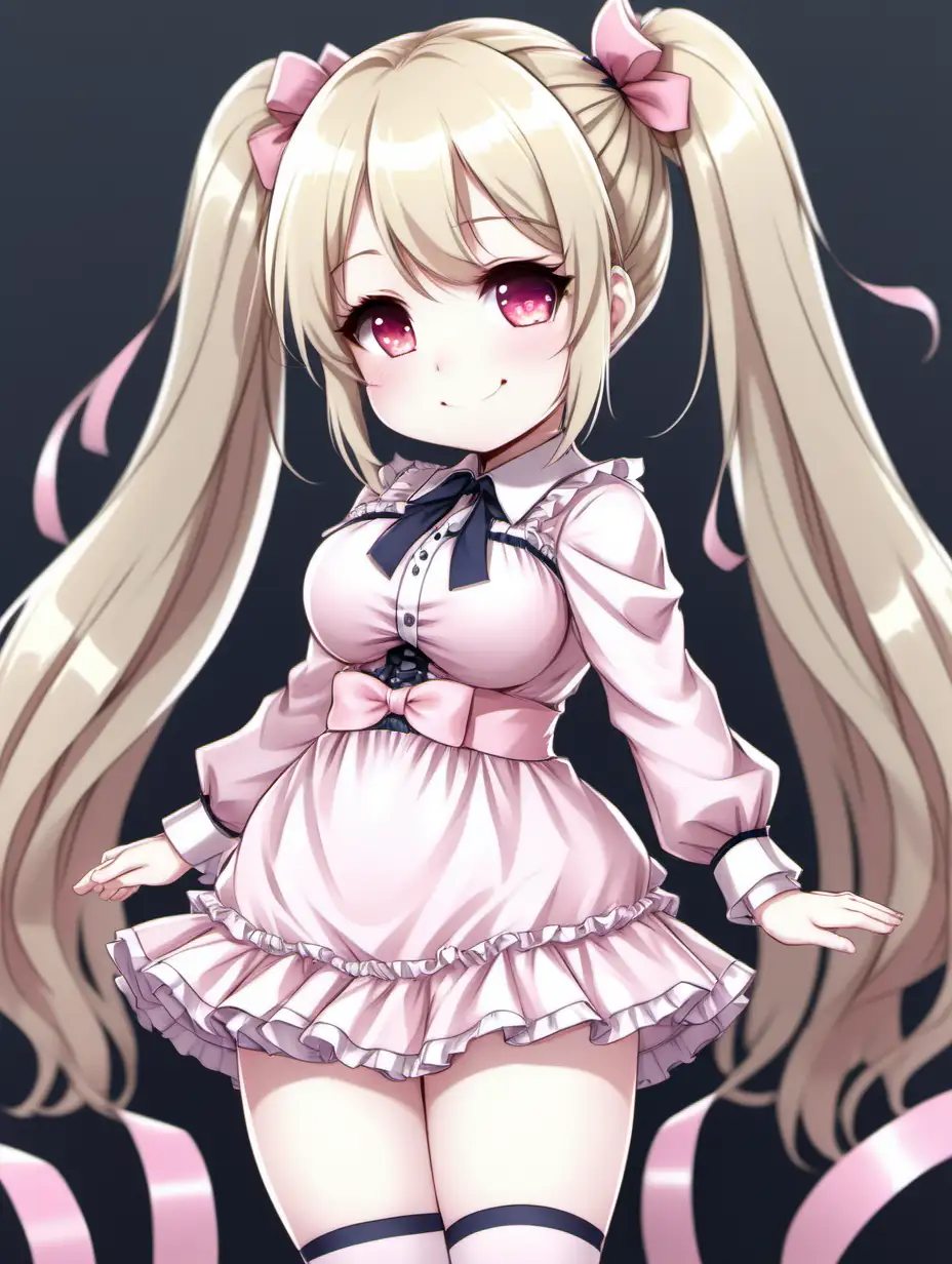 Pale skin, fair skin, plump girl, long hair, frilly dress, blond hair, straight hair, pink clothing, pink ribons, huge ass, tight clothes, anime, chibbi, smile,