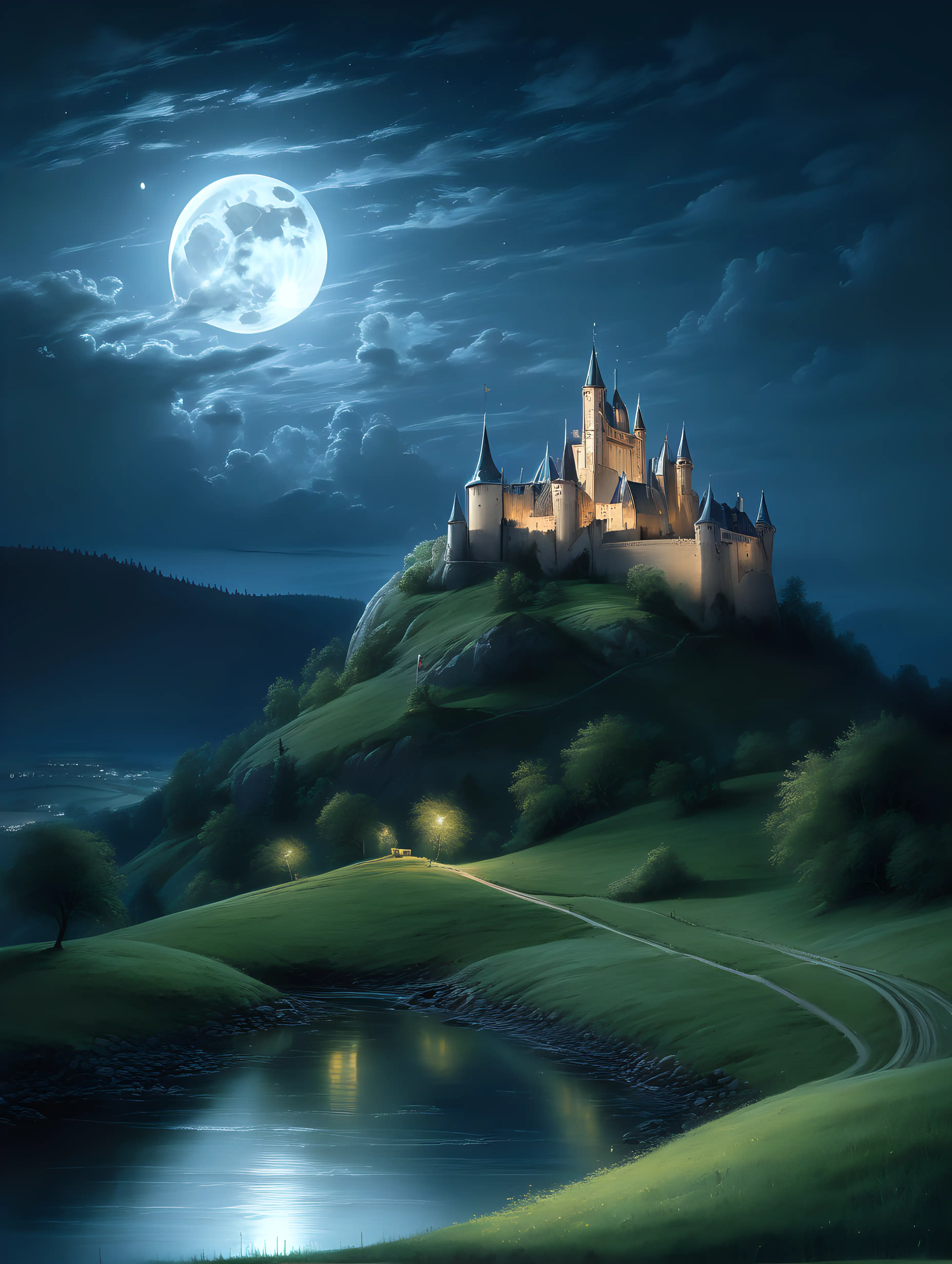 Enchanting Moonlit Castle on the Hill Serene Landscape Art