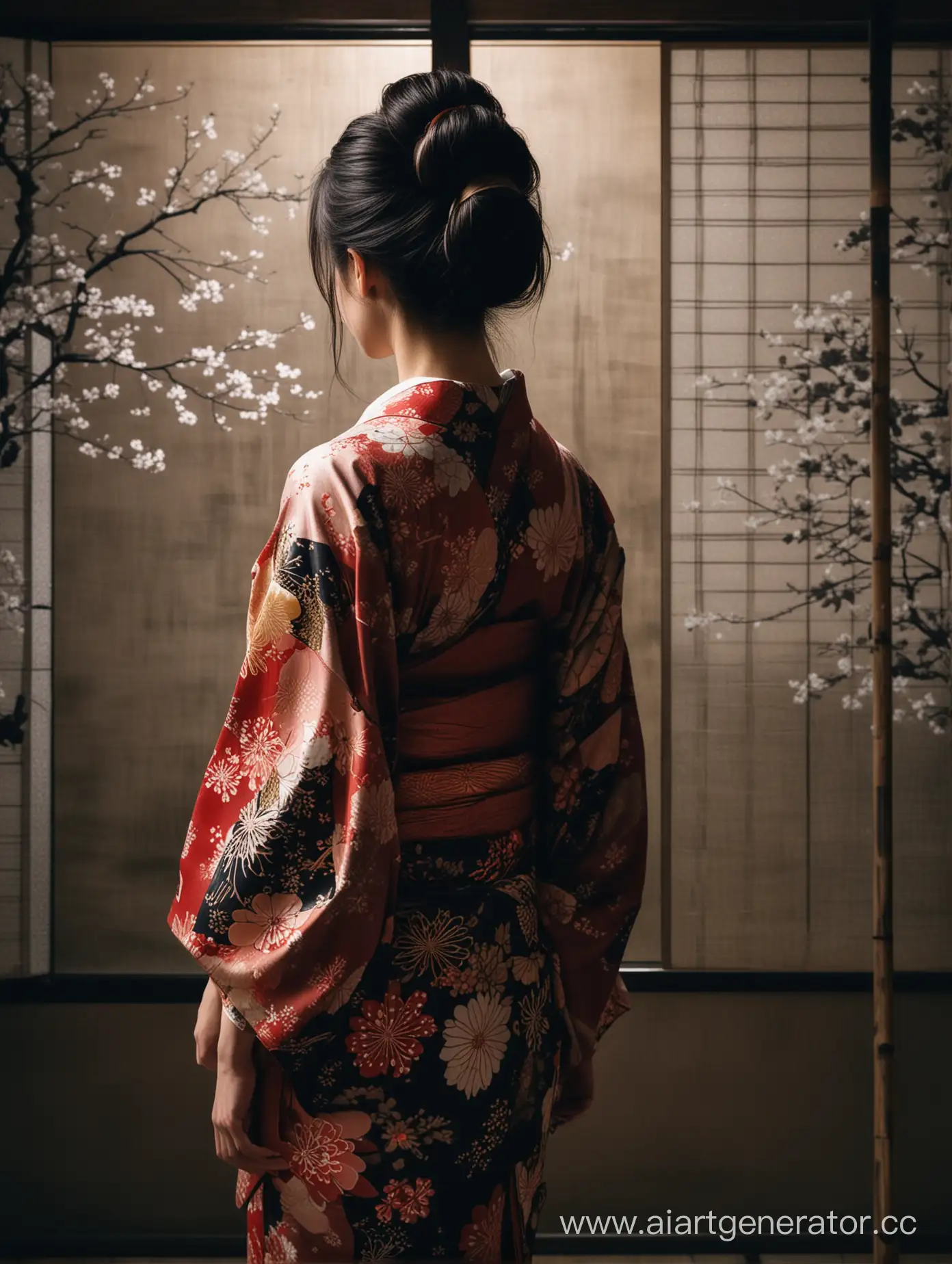 Mysterious-Girl-in-Kimono-with-Dark-Hair-in-Classical-Japanese-Setting