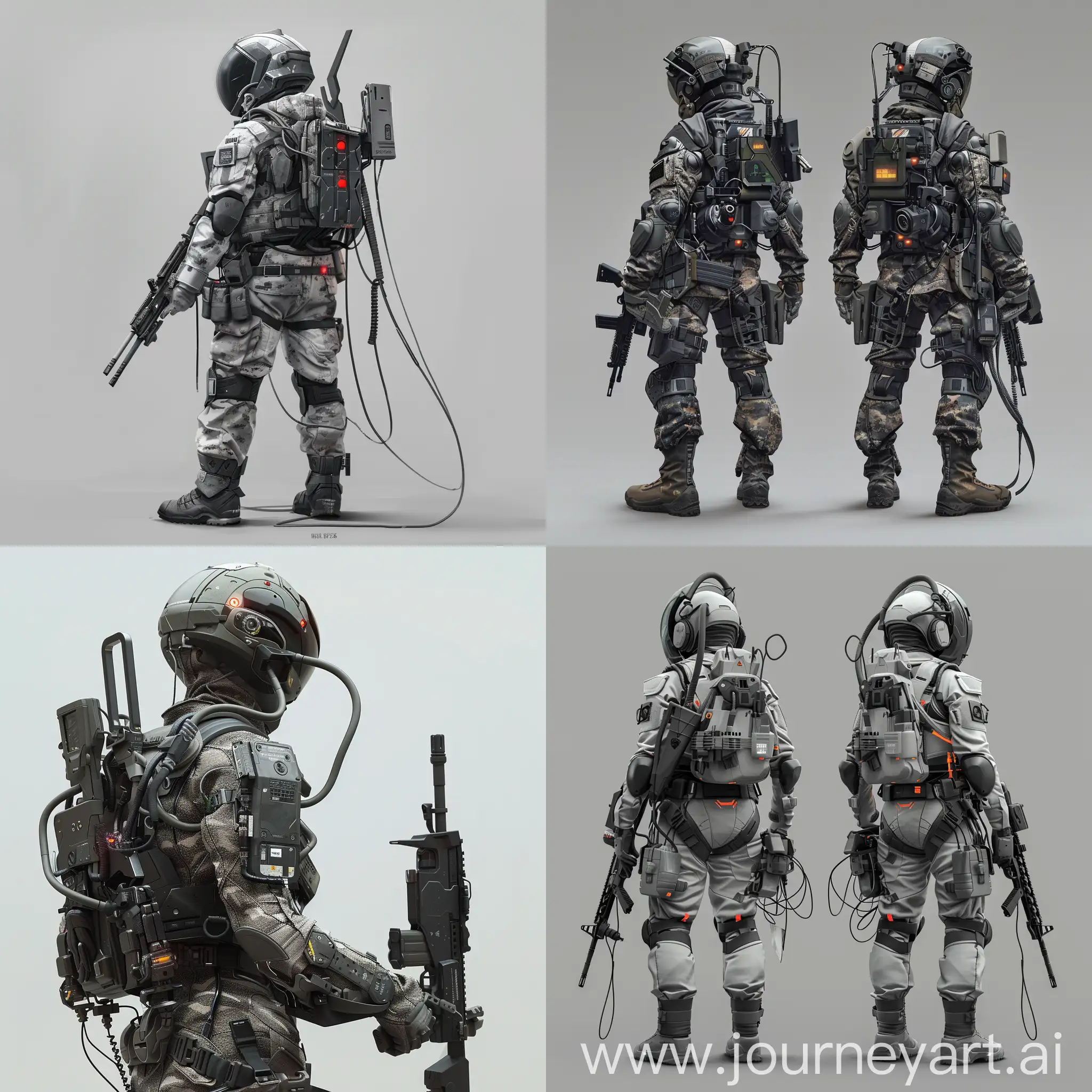 The future soldier is and lightly equipped, they wear no body armour apart from a helmet. They carry a short rifle. Their helmet has integrated communications. On their back is a power supply. Their uniform is designed to scare civilians.