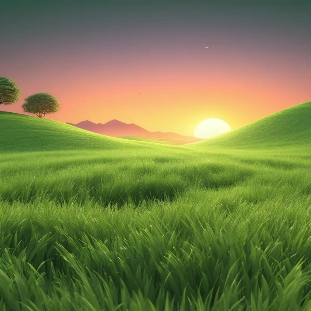 Vibrant 3D Sunset Illustration in a Lush Green Meadow