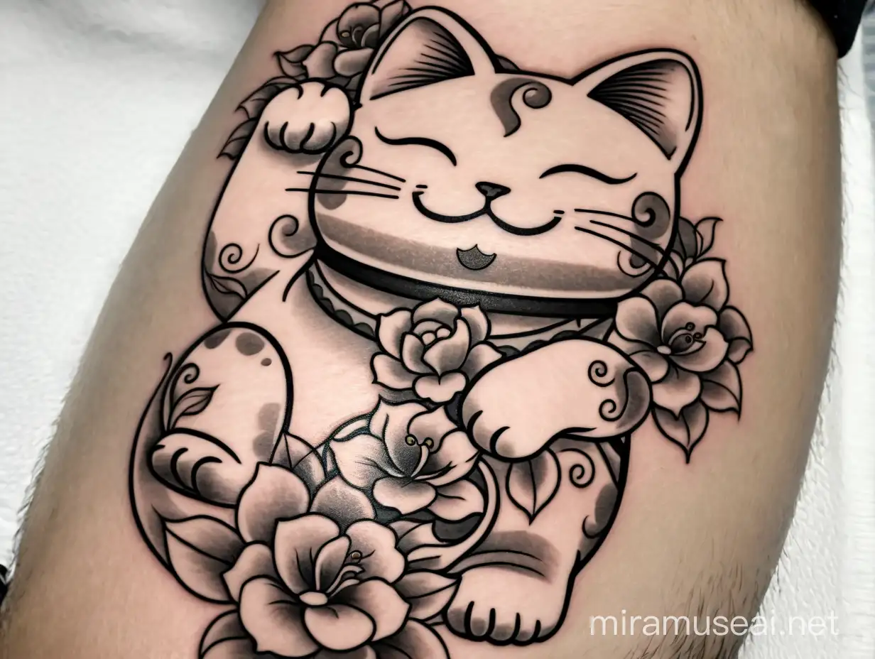 Fortune Cat Tattoo with Japanese Blossoms and Golden Coins