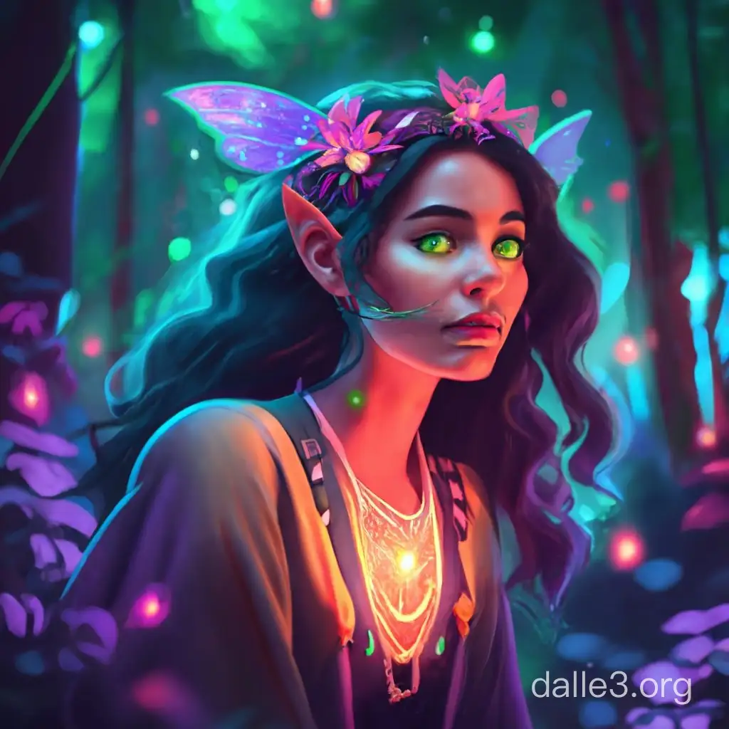 A Character photo for dungeons and dragons: fairy dark hair magical dark forest twinkling lights neon green light up eyes