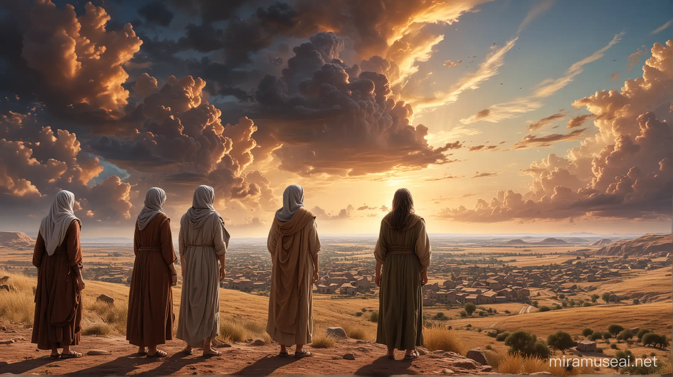 A man and 3 women standing, looking down at a big village in the distance, and a magnificent sky, in the era of Moses.