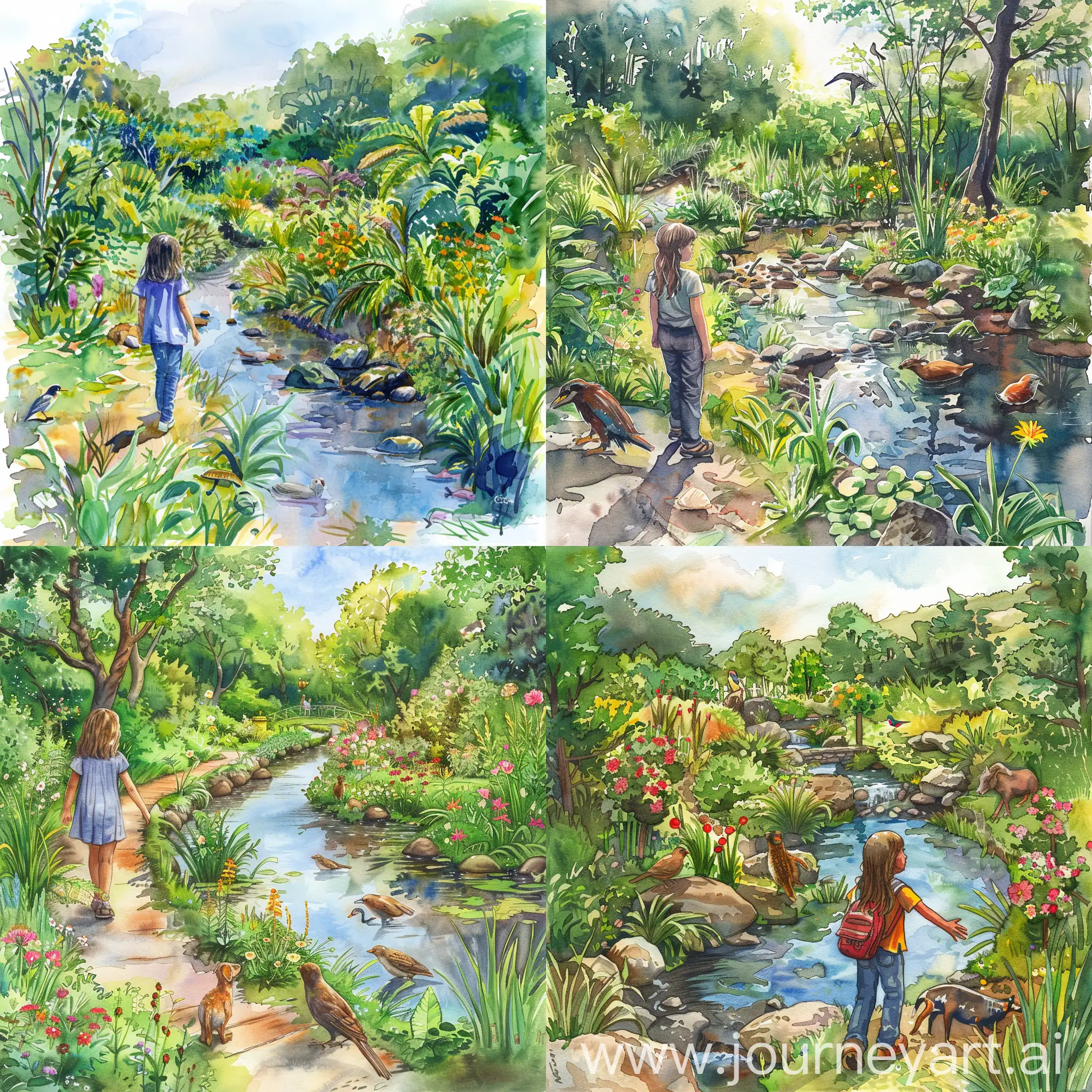 A young girl strolling daily through vibrant gardens by a serene stream, observing diverse animals and birds, radiating a sense of fulfillment and purpose in her role of guiding citizens towards preservation efforts, Illustration, watercolor painting, capturing the lush scenery and the girl's dedication, 