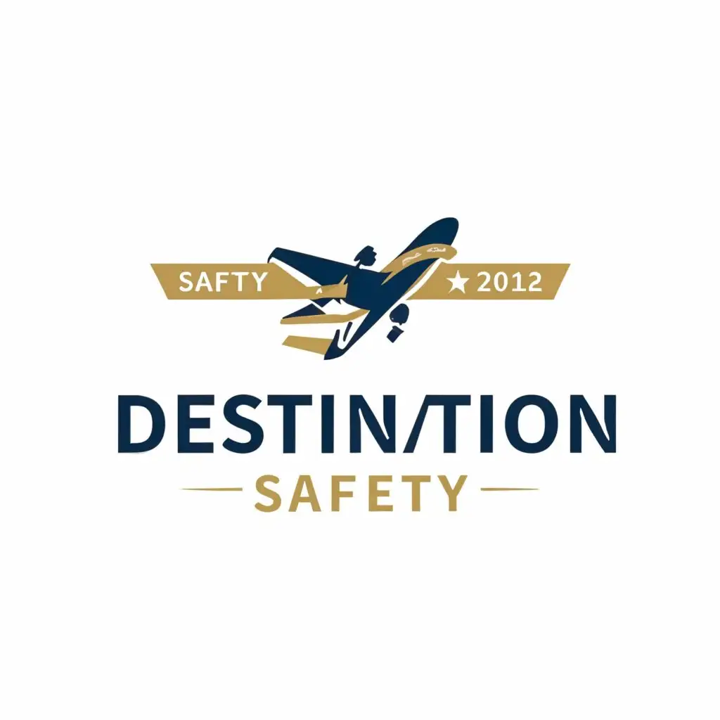 a logo design,with the text "Destination", main symbol:logo for air plane company with serious colour , with the plane shape in the design with a tagline "SAFTY" written in a golden font,Moderate,be used in Travel industry,clear background