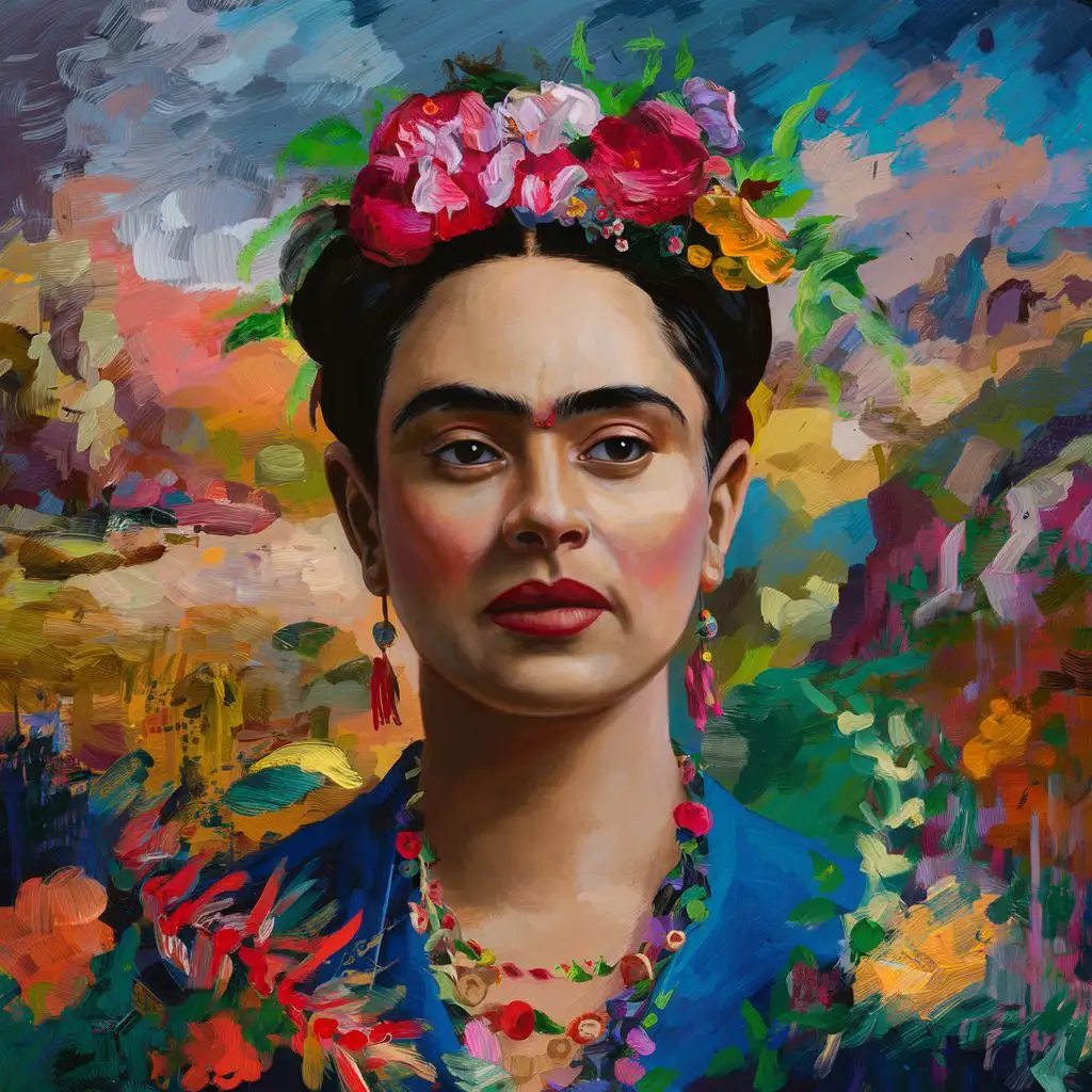 A colorful (((self-portrait))), illustrating Frida Kahlo's unmistakable style, with vividly detailed floral patterns and symbolic elements indicative of her life and art