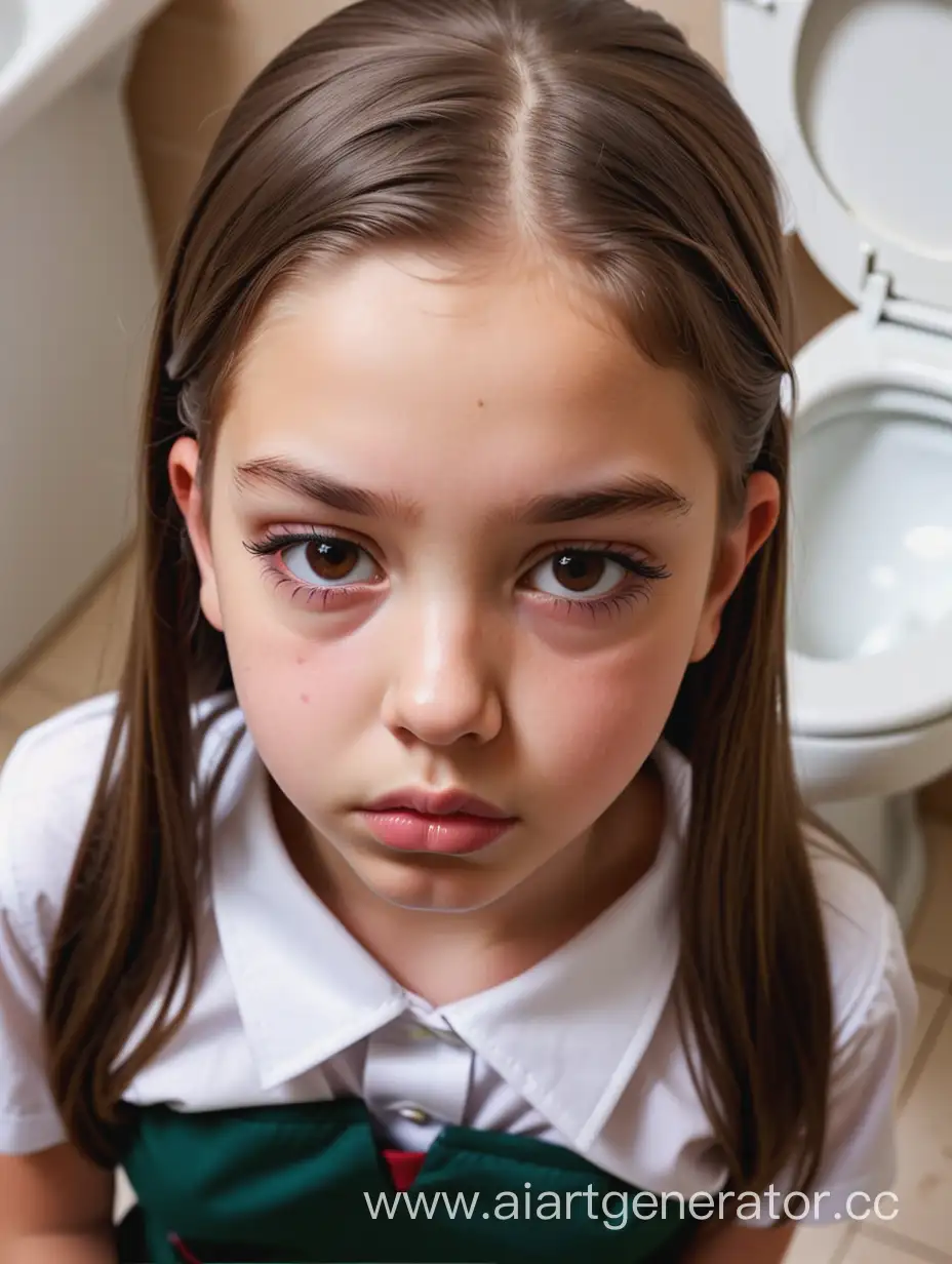 A girl. The girl wears a mini school uniform, strapless. 12 years old. Close-up. The photo taken from top. Toilet. Bird's eye view. Plump lips. Close up. Head top view. Close up. Soft make-up. She has long ponytail hair. The girl is sad. The girl has a diffefent face. Brown hair. Thr girl is curvy. Mexican.
