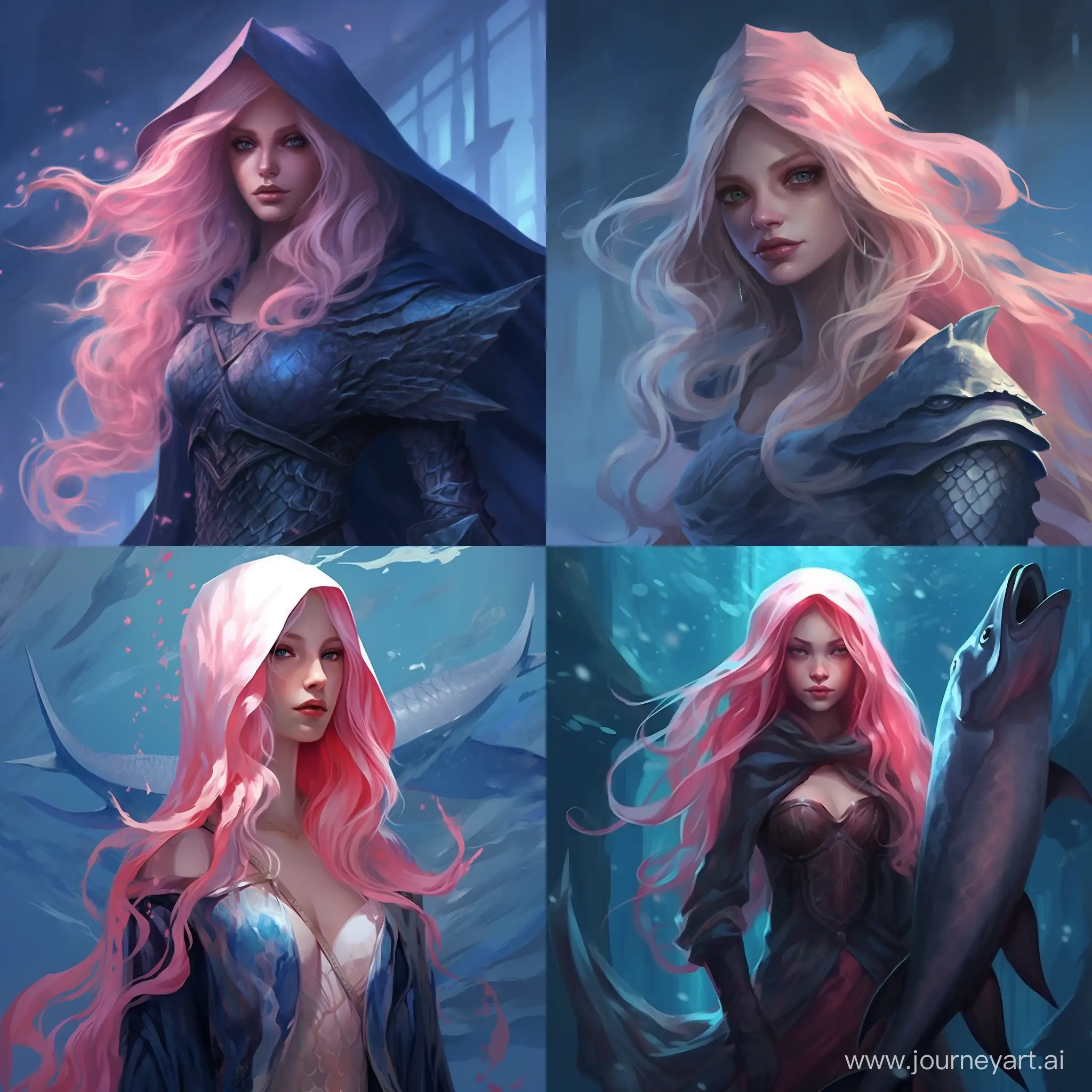 give me a high fantasy young mermaid with pink hair and blue tips. princess with a hooded cloak and celestial magic. dangerous yet innocent, hiding her true evil. tail is shark fins instead of typical mermaid tail