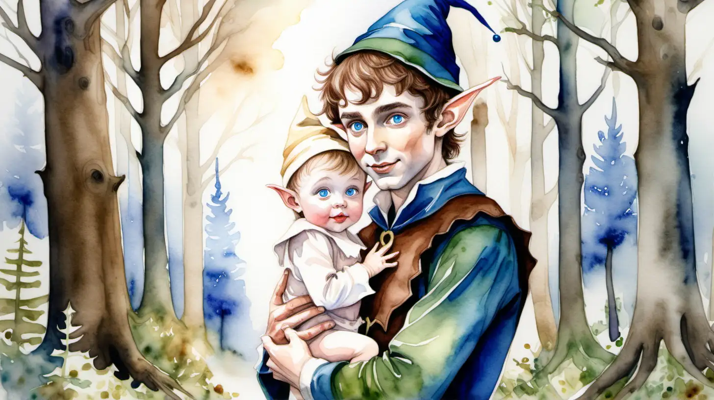 A watercolour paining of a tall brownhaired boy elf with blue eyes and a brown hat holding a blond baby girl in a wood