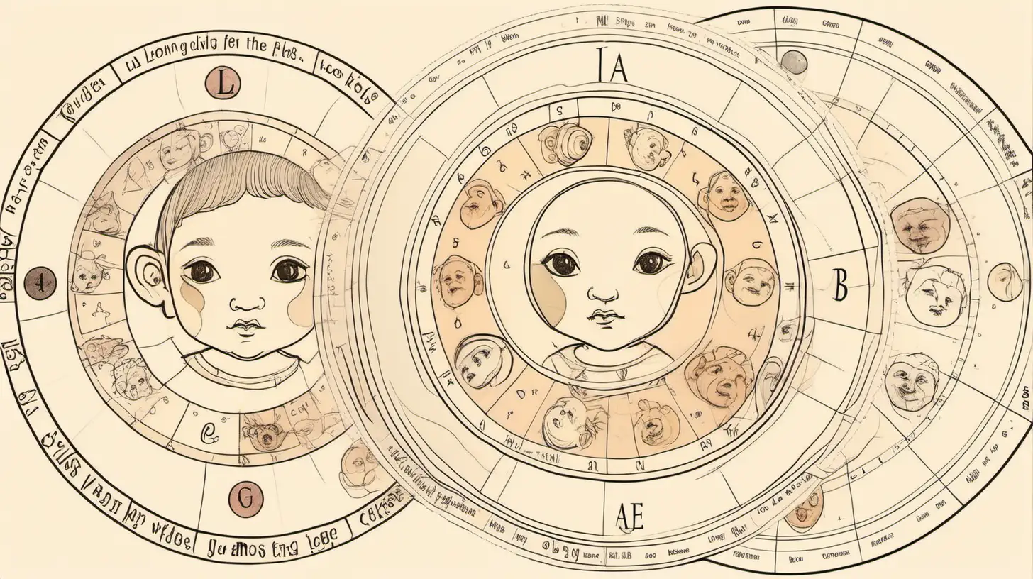 Draw An astrological wheel with   baby loose faces . Loose lines. Muted color, add a label write on text