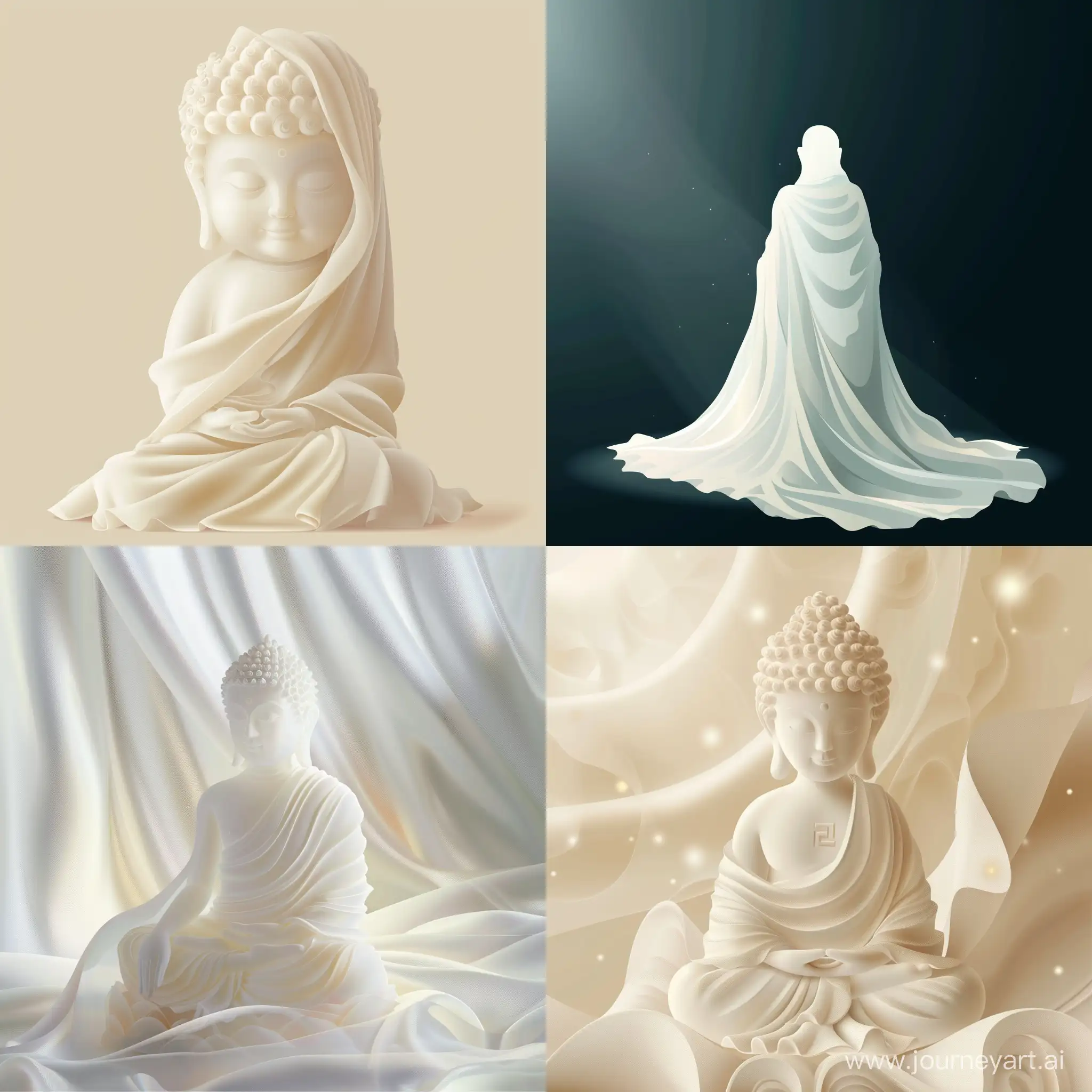 a figurine of buddha is made from white material, in the style of ethereal abstraction, luxurious drapery, translucent immersion, illumination, in flat style, high quality vector style