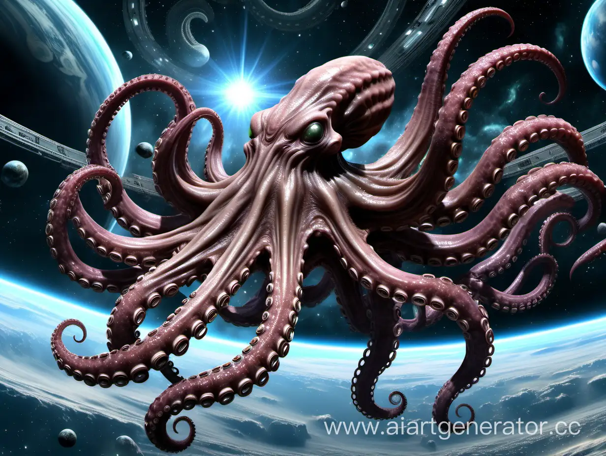 realistic evil space alien biomechanical octopus above the planet, surrounded by stars. highly detailed, high res, nebula, moons, 4K, full image, science fiction, retro, neoclassical, 1977, starship, action scene, cinematic, exciting, alien, 8K, cosmos, enemy, villain, art by HR GIGER