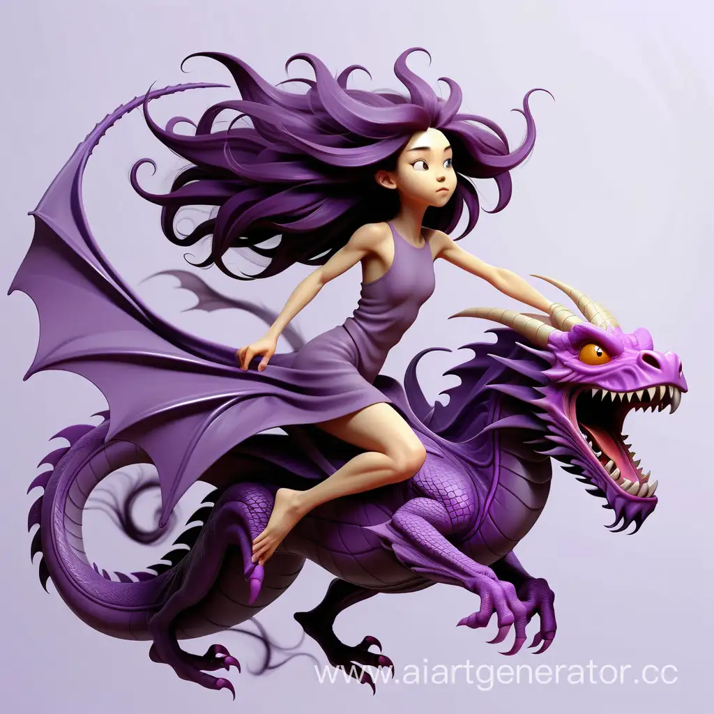 Девушка летящая на фиолетовом драконе спиной и волосы развиваются на ветру, в минималистичном стиле.