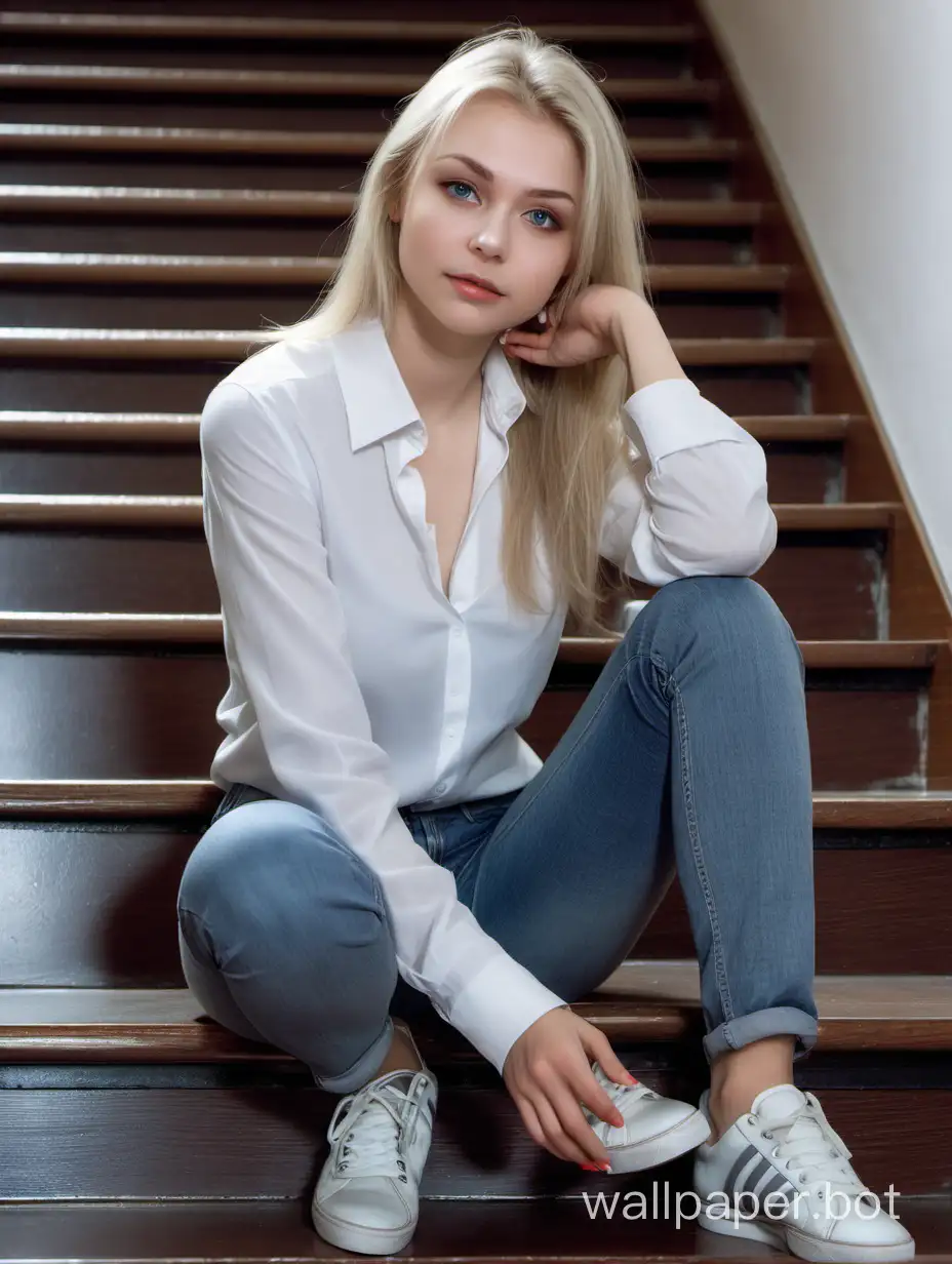 Maquillaje delicado, Chica rusa joven de 29 años, rubio ceniza, ojos claros, rostro angelical con pechos medianos, luciendo una camisa blanca y pantalón de jean con zapatillas grises, sentada en una escalera., vista de cuerpo completo.