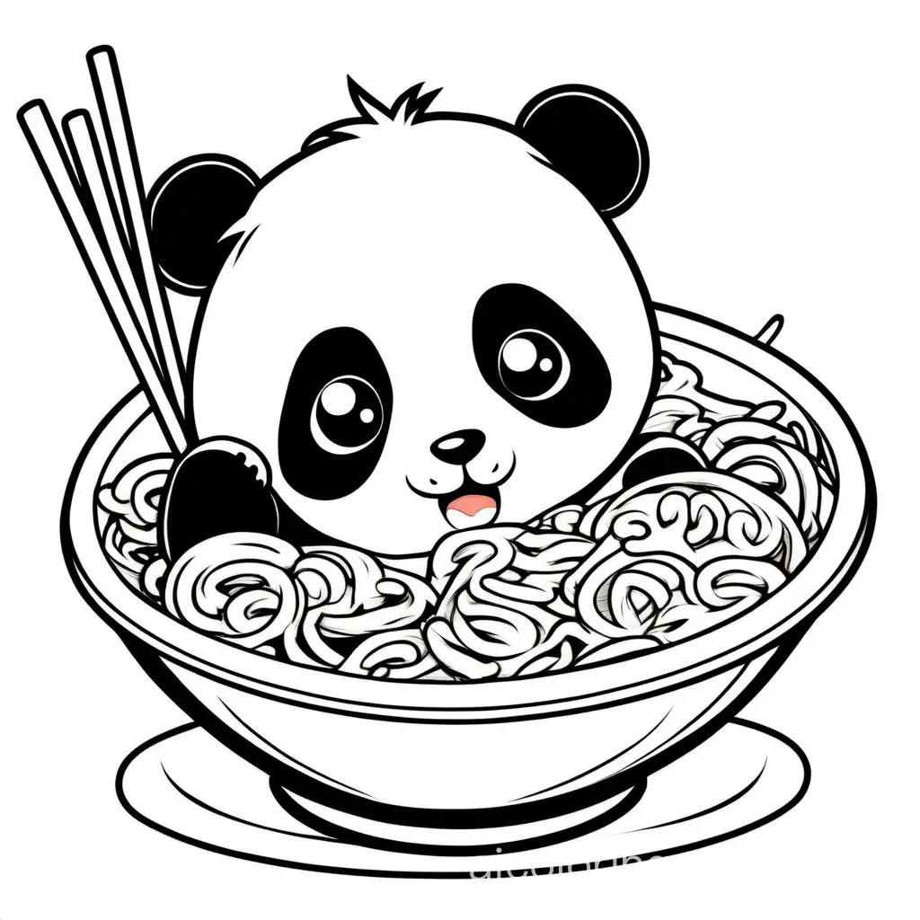 panda ramen kawail cute chibi, Coloring Page, black and white, line art, white background, Simplicity, Ample White Space. The background of the coloring page is plain white to make it easy for young children to color within the lines. The outlines of all the subjects are easy to distinguish, making it simple for kids to color without too much difficulty