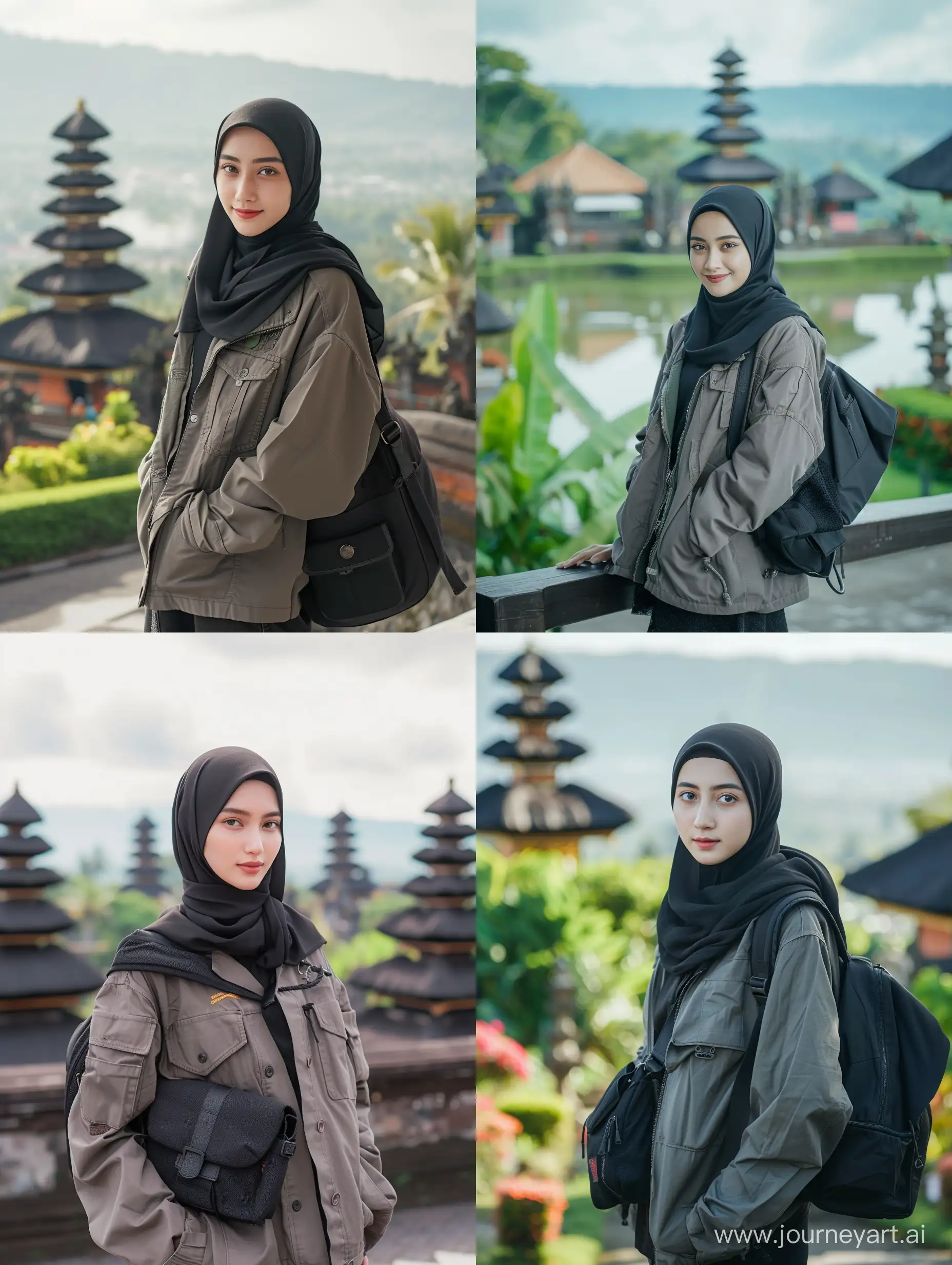 Beautiful Indonesian Javanese hijab woman (25 years old, oval and clean face, ideal body, straight and neat black hair, Indonesian skin, wearing a trucker jacket and black bag, standing pose, photography style front photo, visible face, view of the Indonesian temple island of Bali, behind it, ultra HD bright scene, original photo, high detail, very sharp, 18mm lens, realistic, photography, leica camera