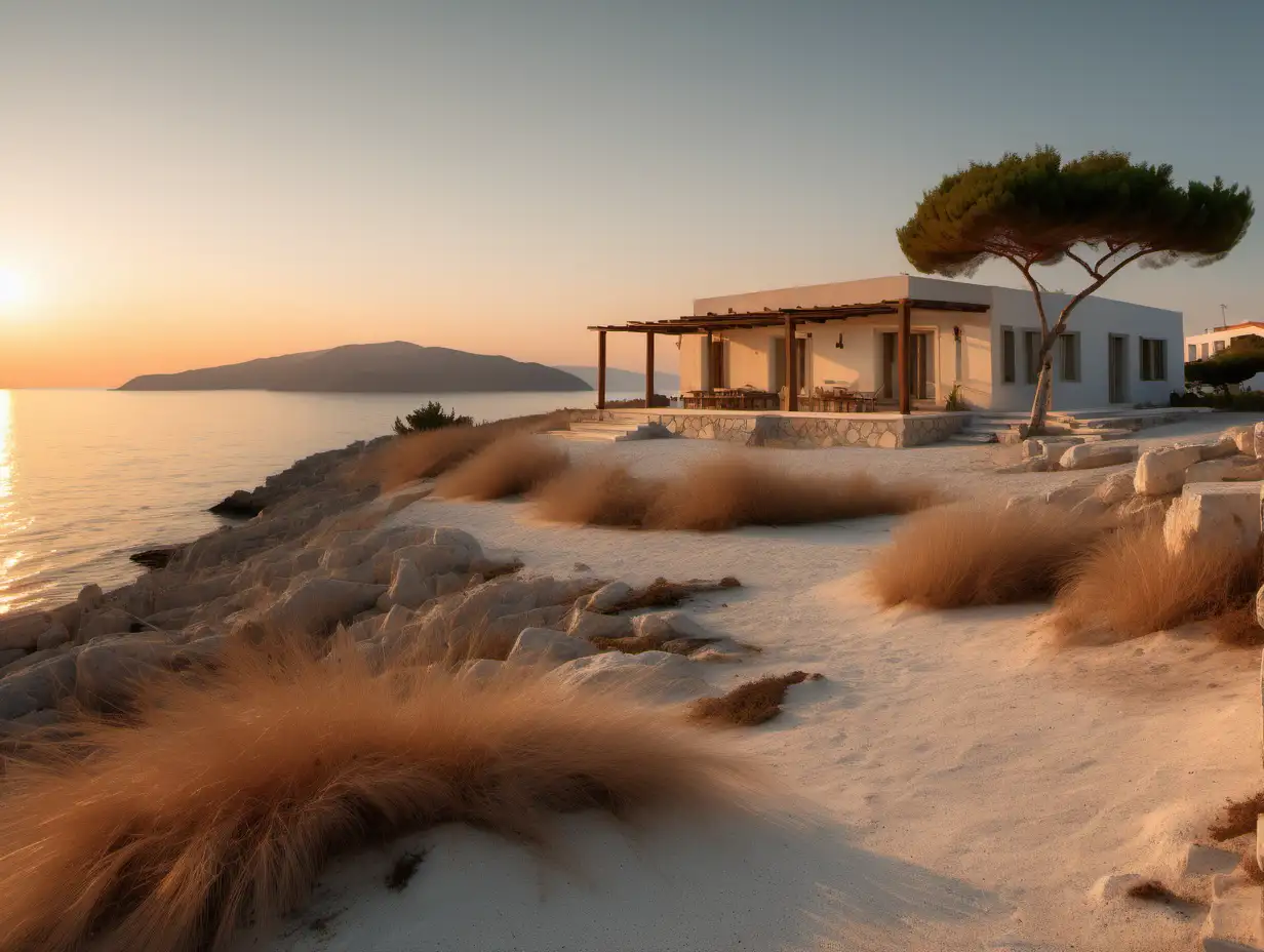 romantic greek island one story beach house, just before sunset after a beautiful day, flat landscape with som grasslike trees, vast beaches and some tavernas in the far