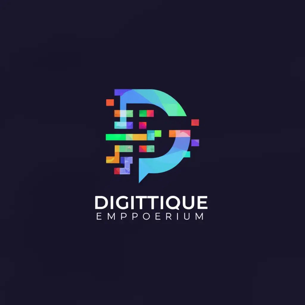 a logo design,with the text "Digitique Emporium", main symbol:The icon features a stylized letter "D" formed by digital pixels, giving it a modern and tech-savvy feel. Inside the letter "D," there's a subtle outline of Australia's map, indicating the focus on the Australian market. Surrounding the letter "D," there are various digital symbols such as a computer monitor, smartphone, tablet, and other electronic devices, representing the wide range of digital products available in the store. The color scheme consists of vibrant shades of blue and green, symbolizing trust, innovation, and growth,Moderate,clear background